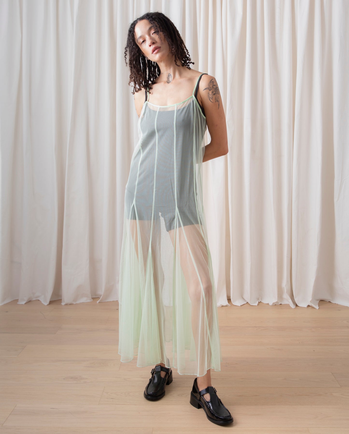 PANELED MESH DRESS - MINT