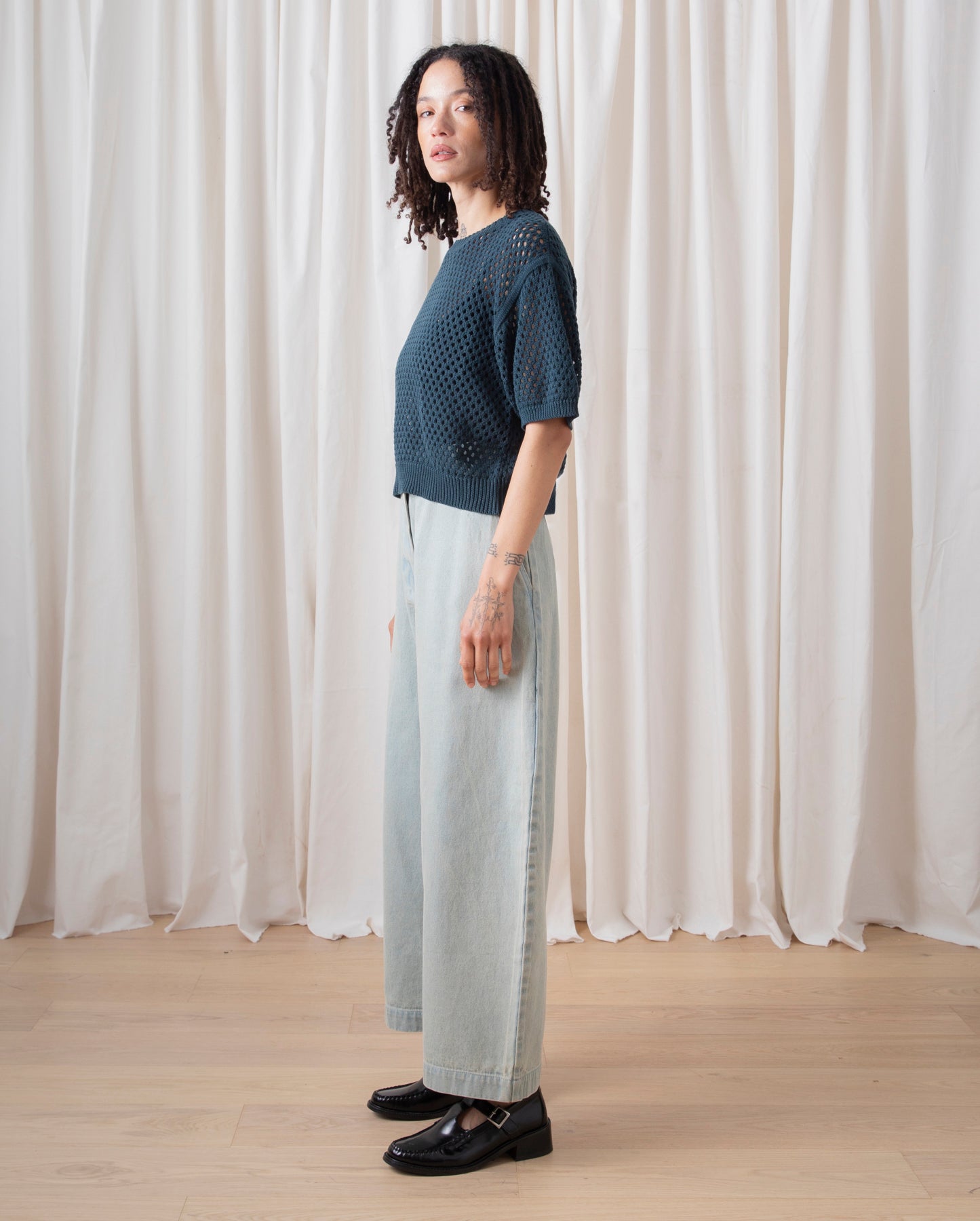 OPEN KNIT T-SHIRT - BONE