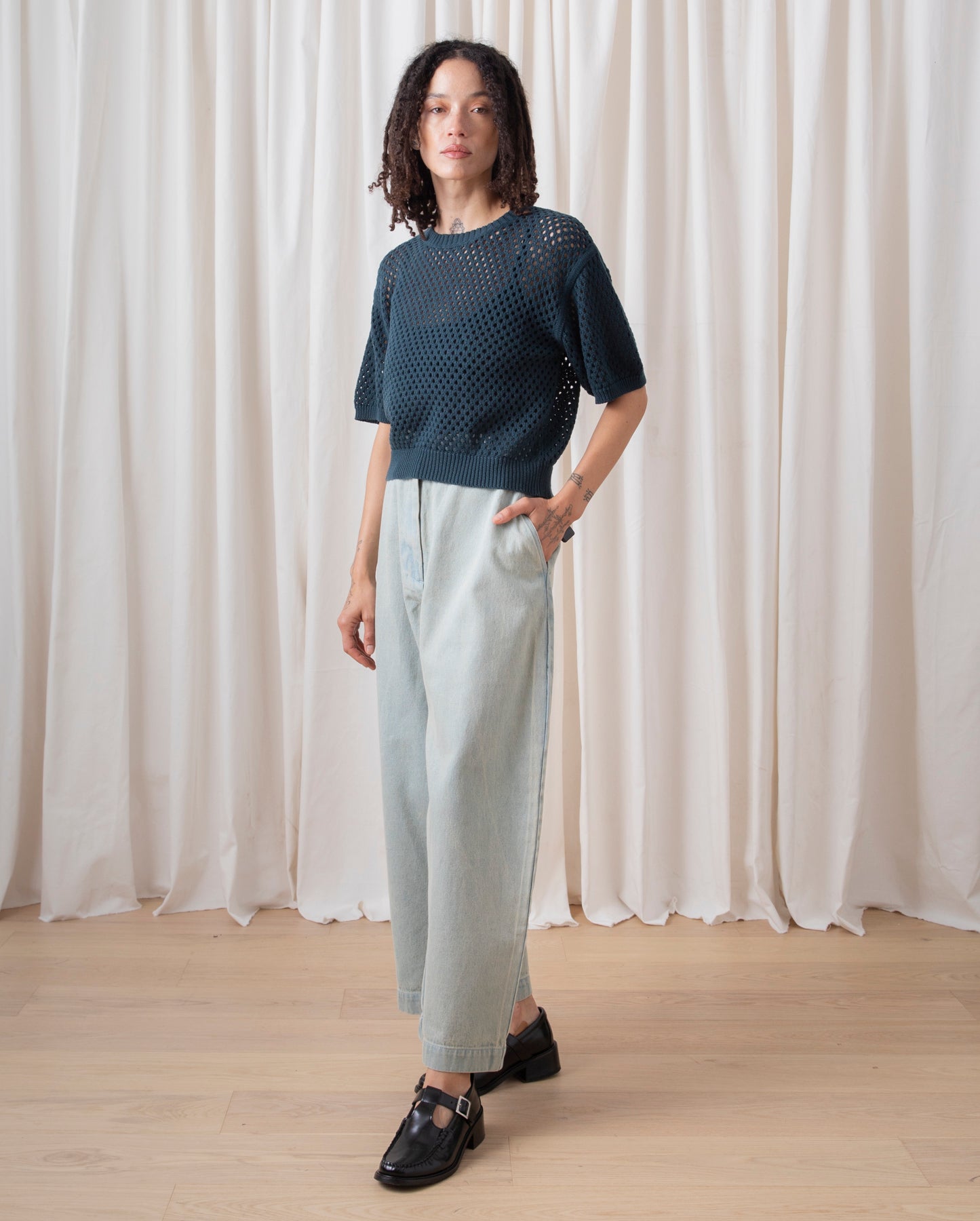 OPEN KNIT T-SHIRT - BONE