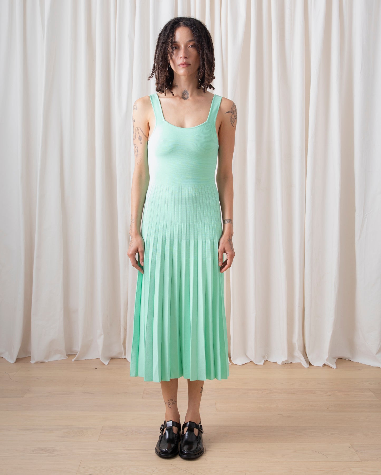 SAMPLE - FITTED TANK DRESS W/ PLEATED SKIRT - BLACK