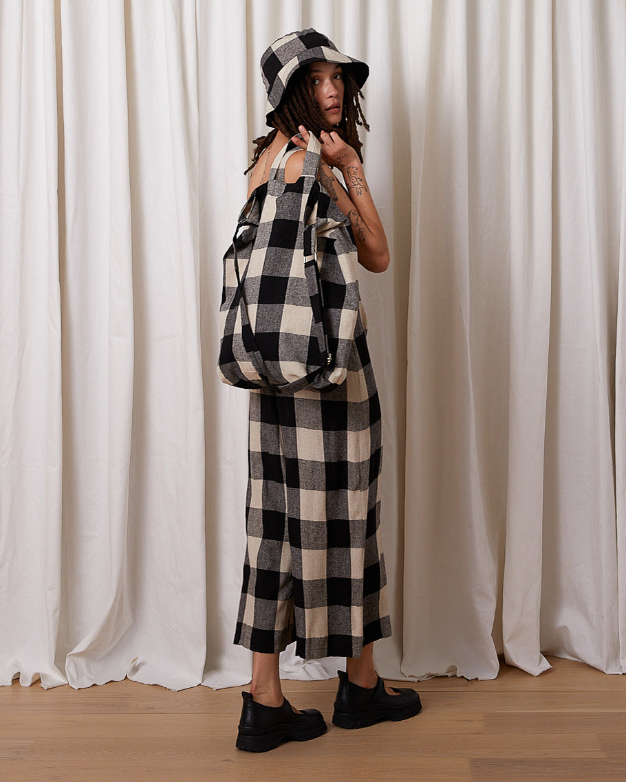 SILK NOIL BAG - BLACK/CREAM PLAID