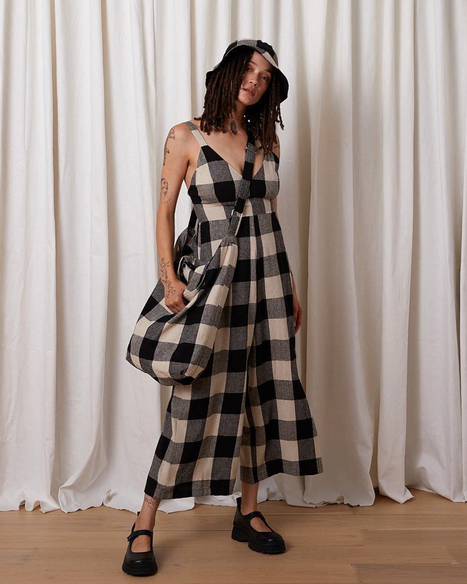 SILK NOIL BAG - BLACK/CREAM PLAID