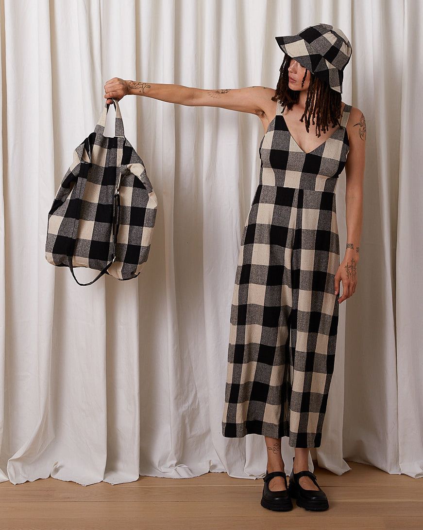 SILK NOIL BAG - BLACK/CREAM PLAID