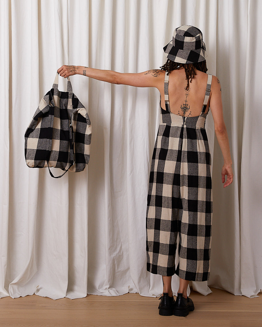 SILK NOIL BAG - BLACK/CREAM PLAID