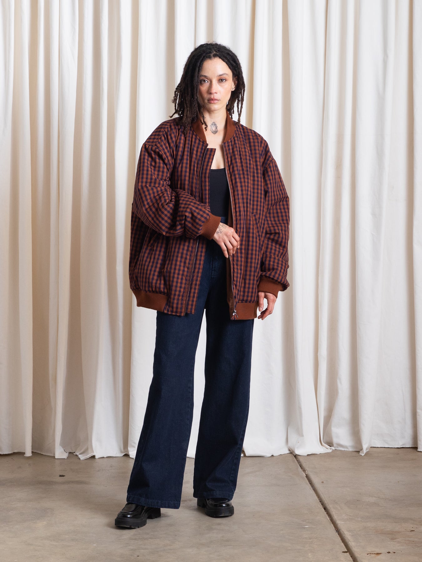 OVERSIZED BOMBER JACKET - RUST/NAVY GINGHAM