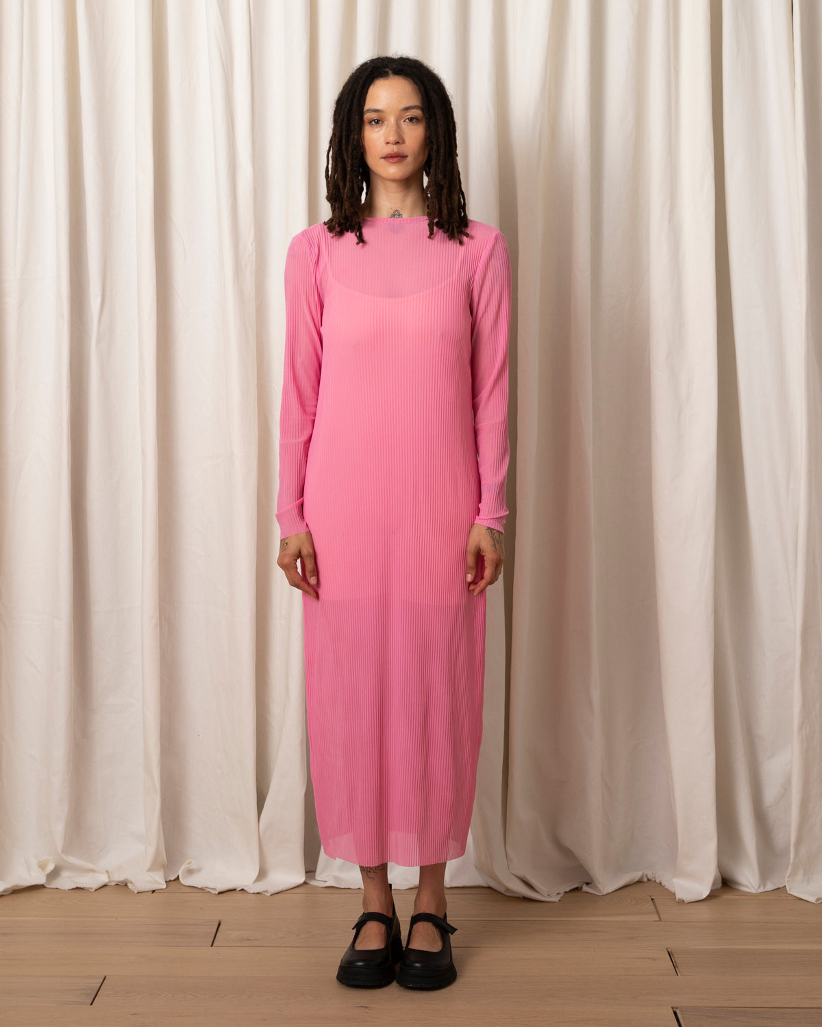 SAMPLE - PLEATED MESH DRESS - BUBBLEGUM