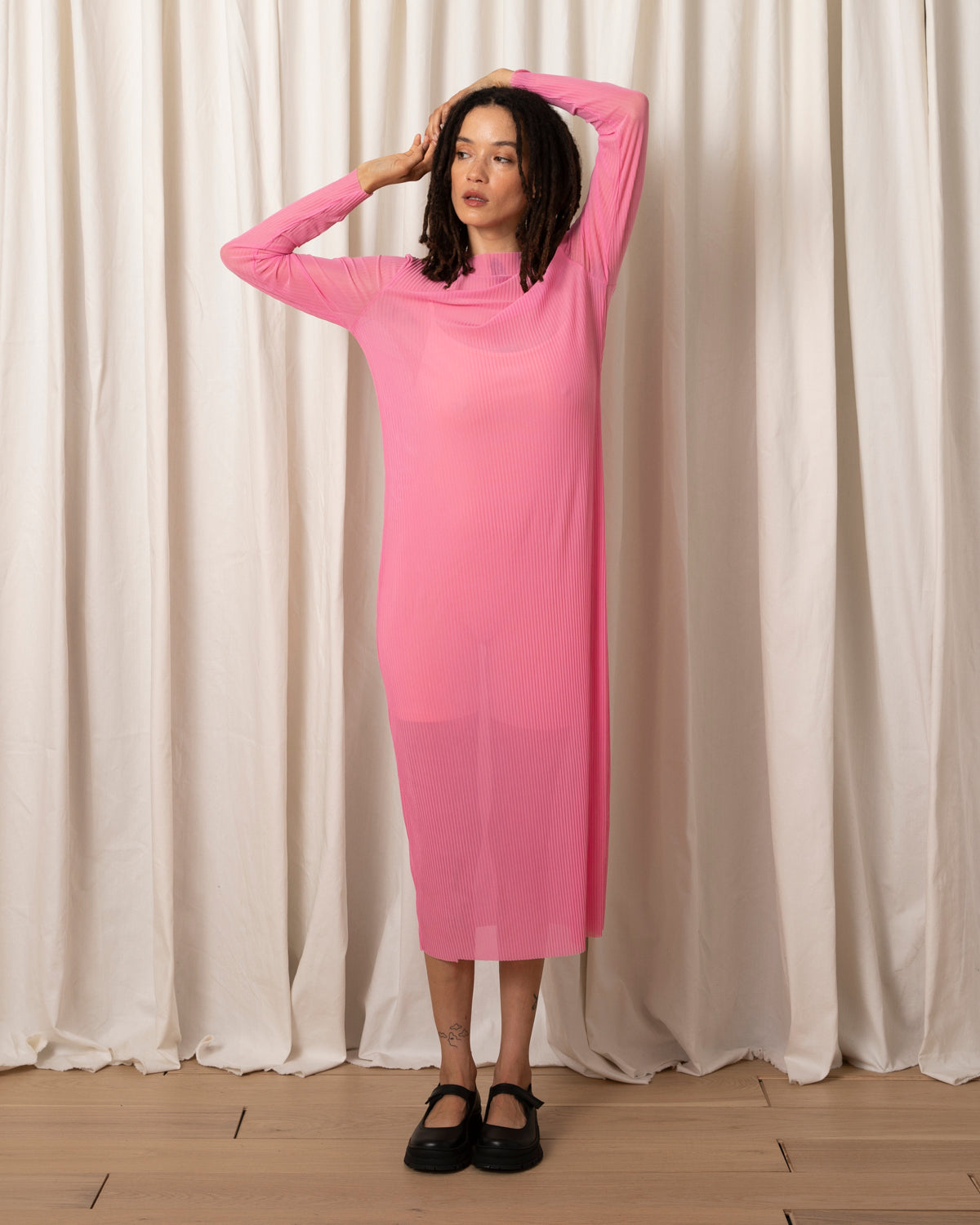 SAMPLE - PLEATED MESH DRESS - BUBBLEGUM