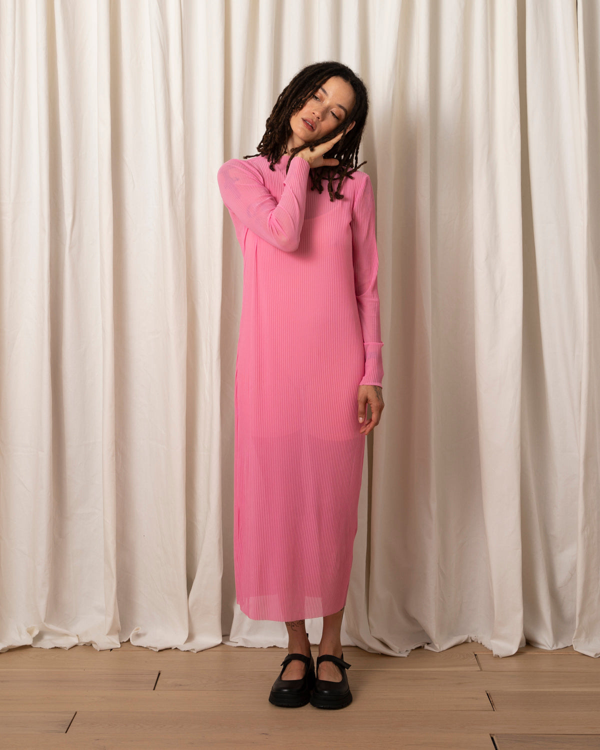 SAMPLE - PLEATED MESH DRESS - BUBBLEGUM