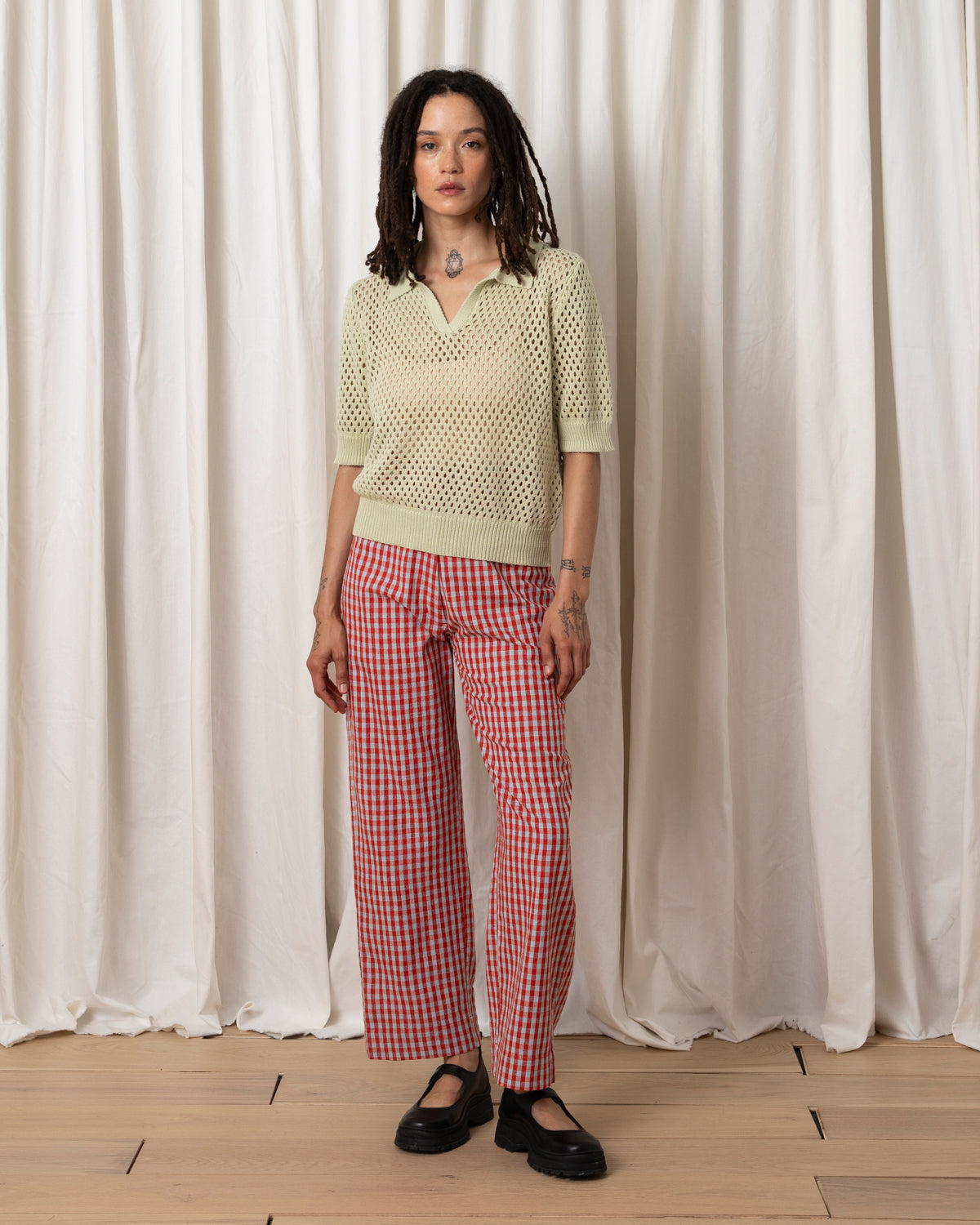 SAMPLE - OPEN KNIT COLLARED TOP - MOCHI