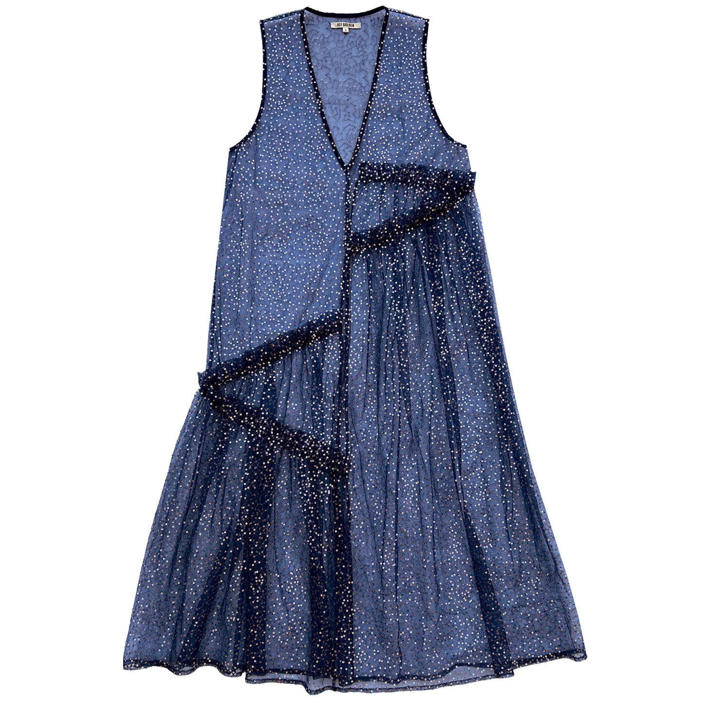 SAMPLE - NEW V-NECK DRESS W/ RUFFLES - BLUE/SILVER SEQUINS