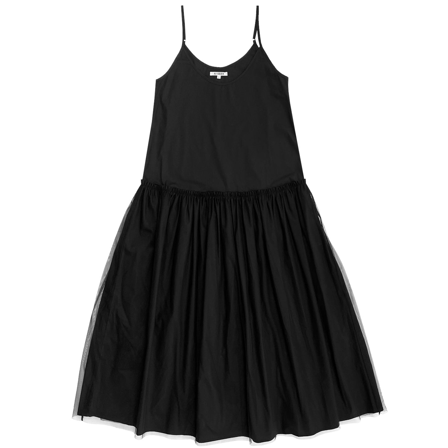 DROP WAIST RUFFLE DRESS W MESH SKIRT BLACK