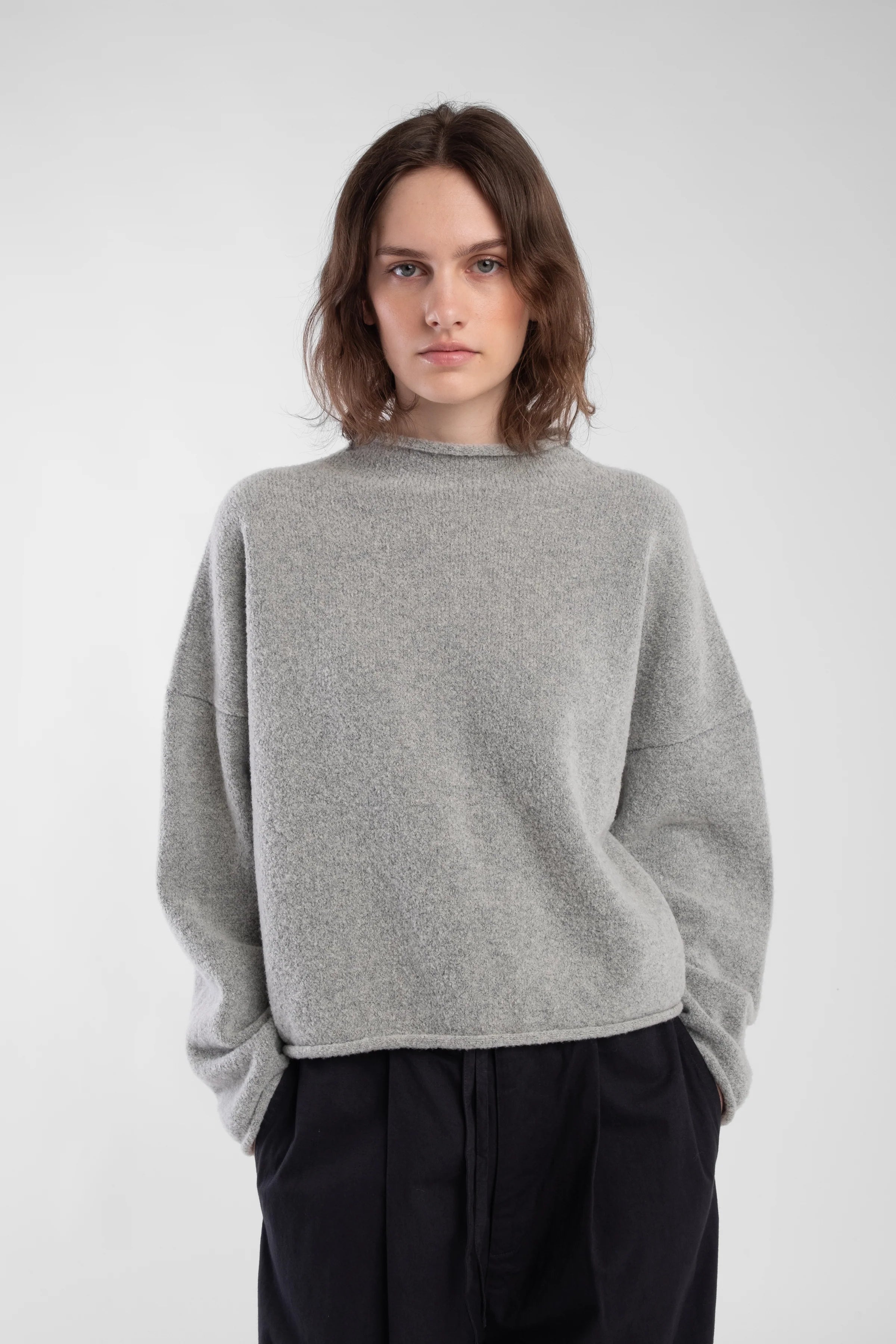 BOUCLE ROLLED SWEATER - HEATHER GRAY