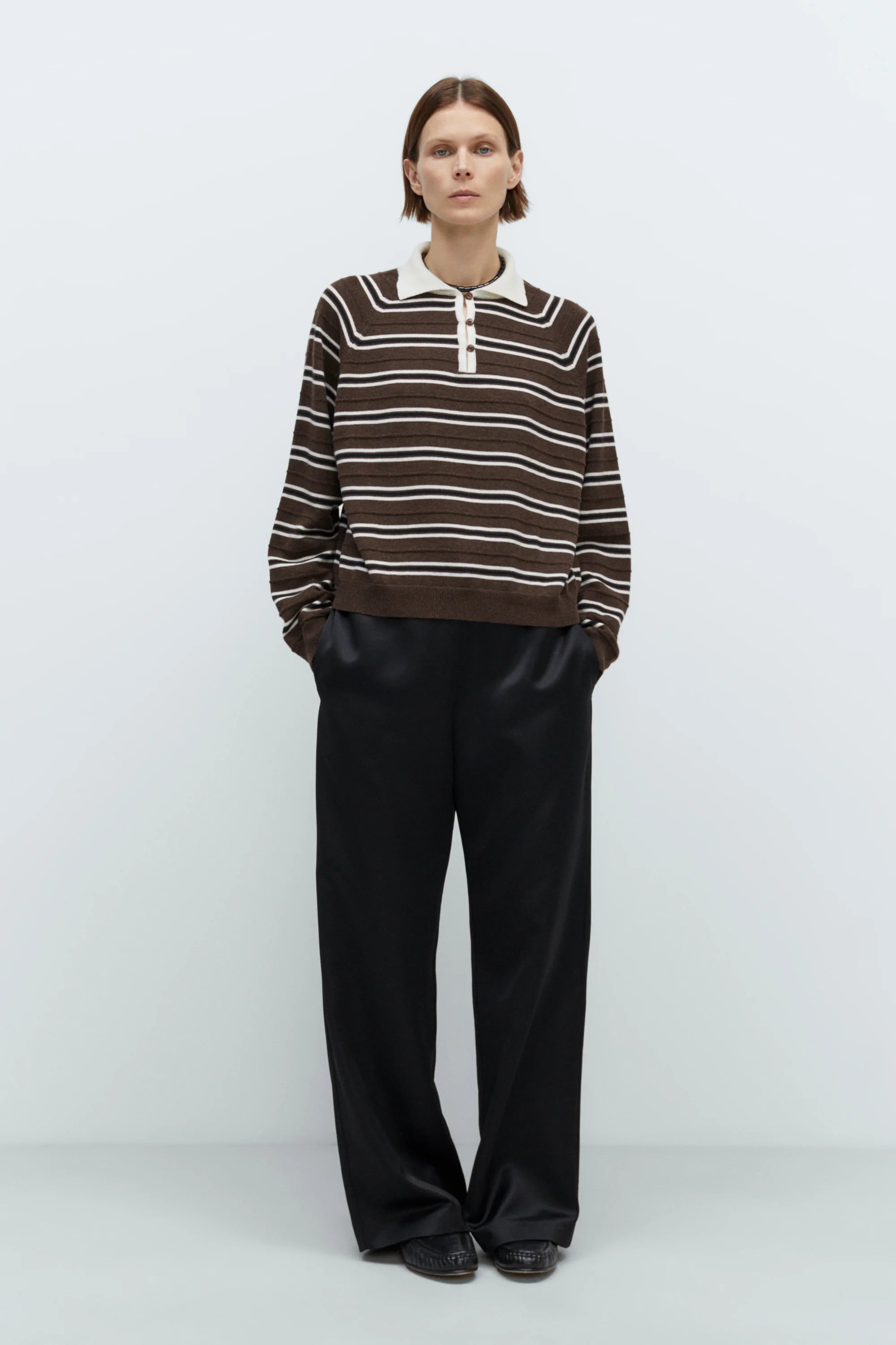 MERINO WOOL STRIPED POLO - BROWN