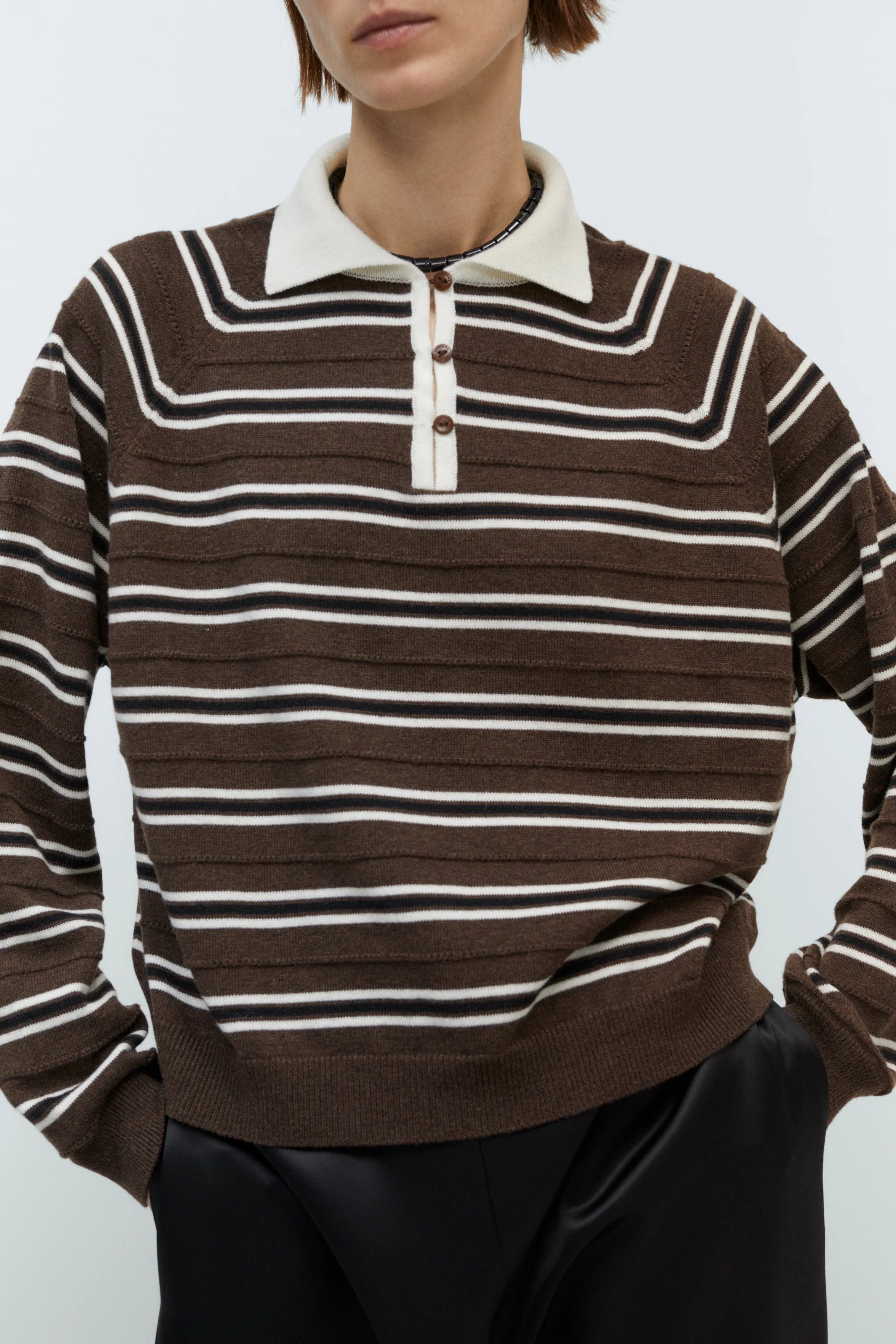 MERINO WOOL STRIPED POLO - BROWN