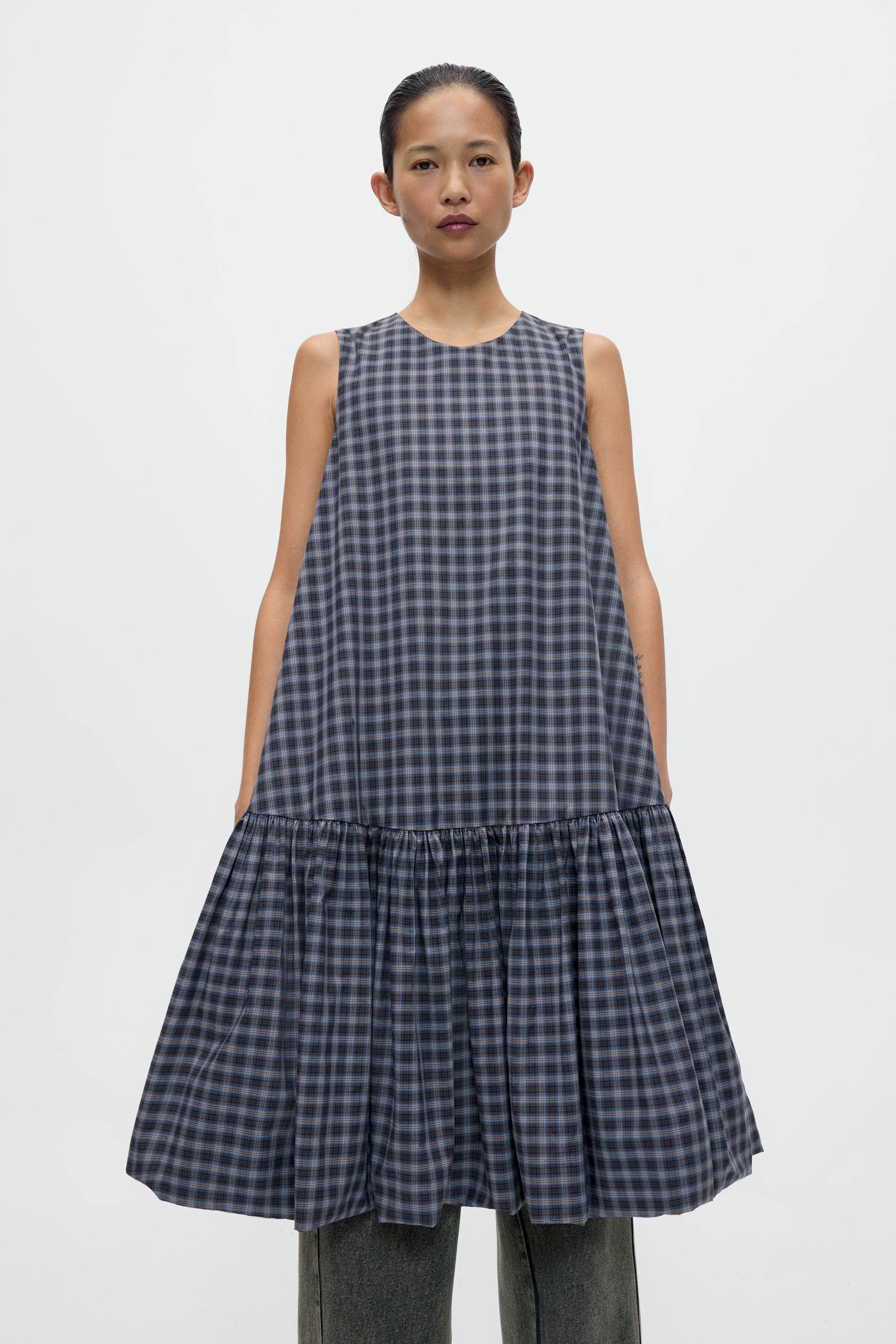 CHECKED BALLOON DRESS - NAVY/ORANGE