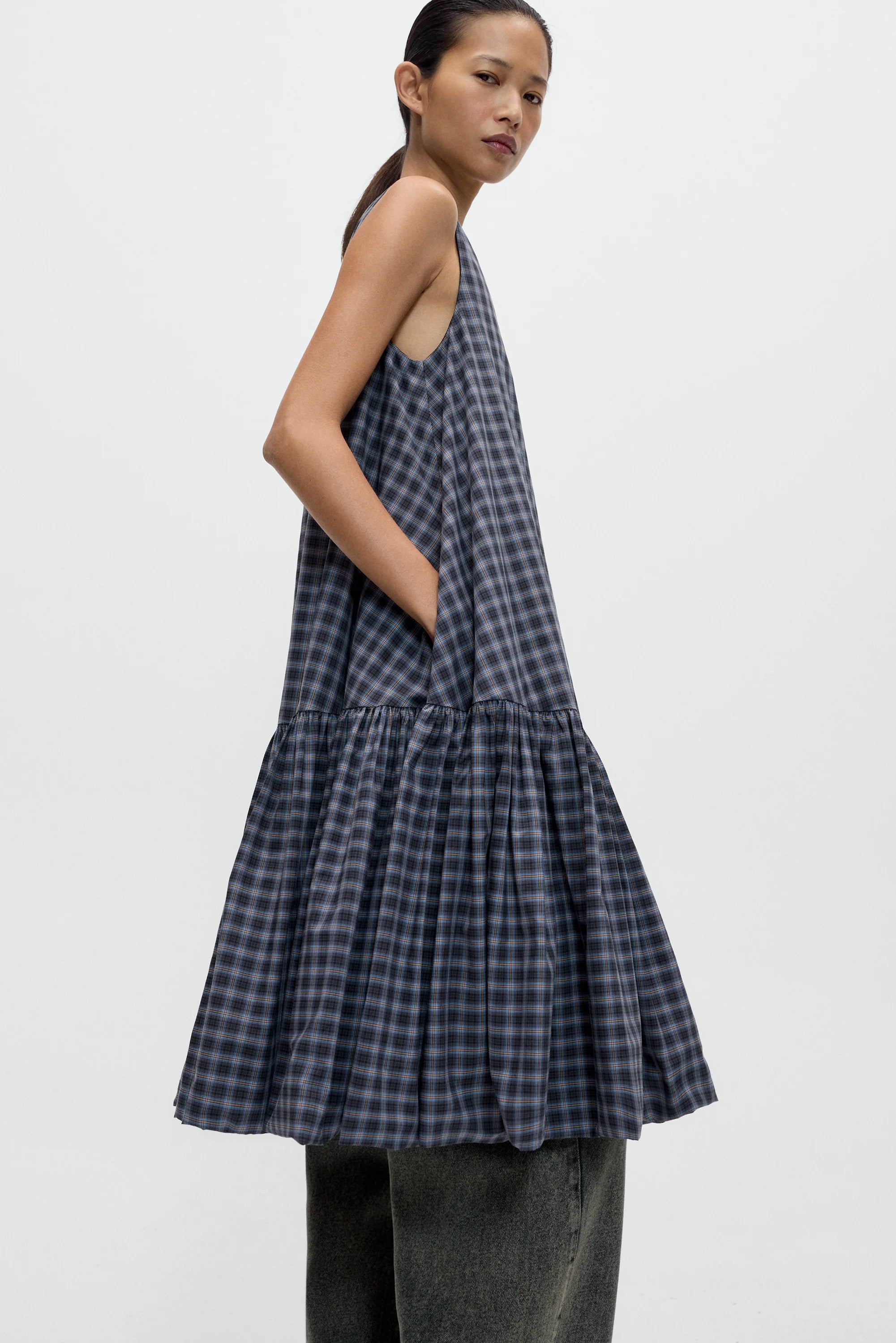CHECKED BALLOON DRESS - NAVY/ORANGE
