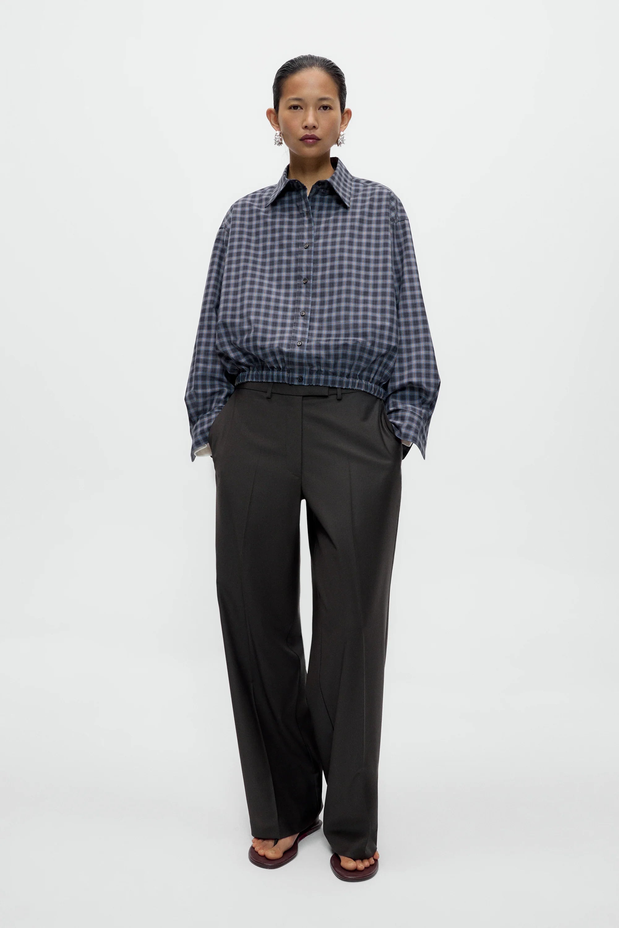 CHECKED BOMBER SHIRT - NAVY/ORANGE