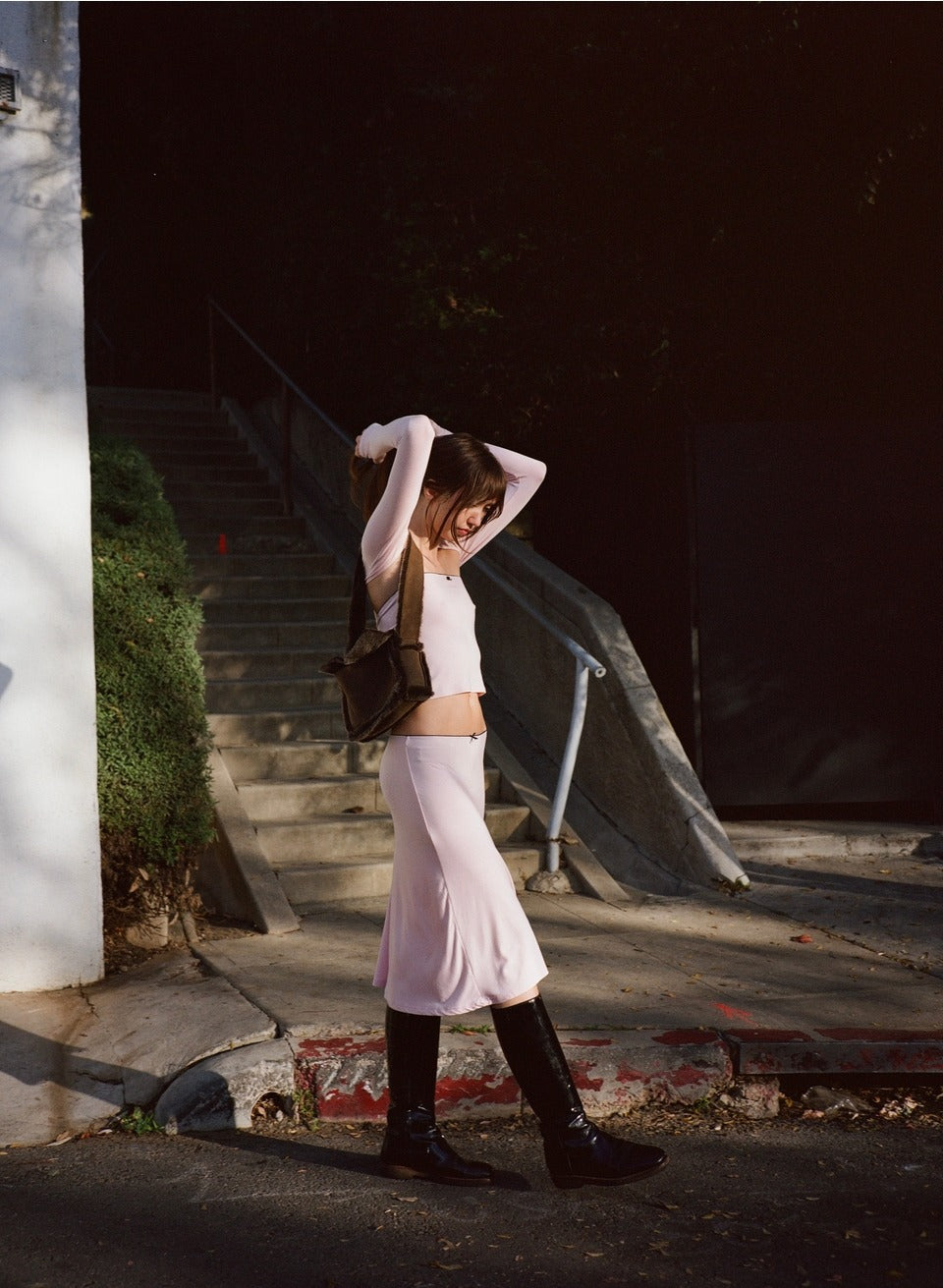 BIAS MIDI SLIP SKIRT IN PETAL/ONYX
