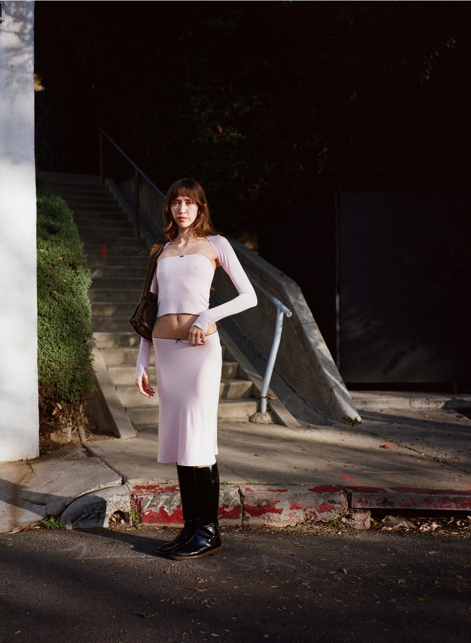 BIAS MIDI SLIP SKIRT IN PETAL/ONYX