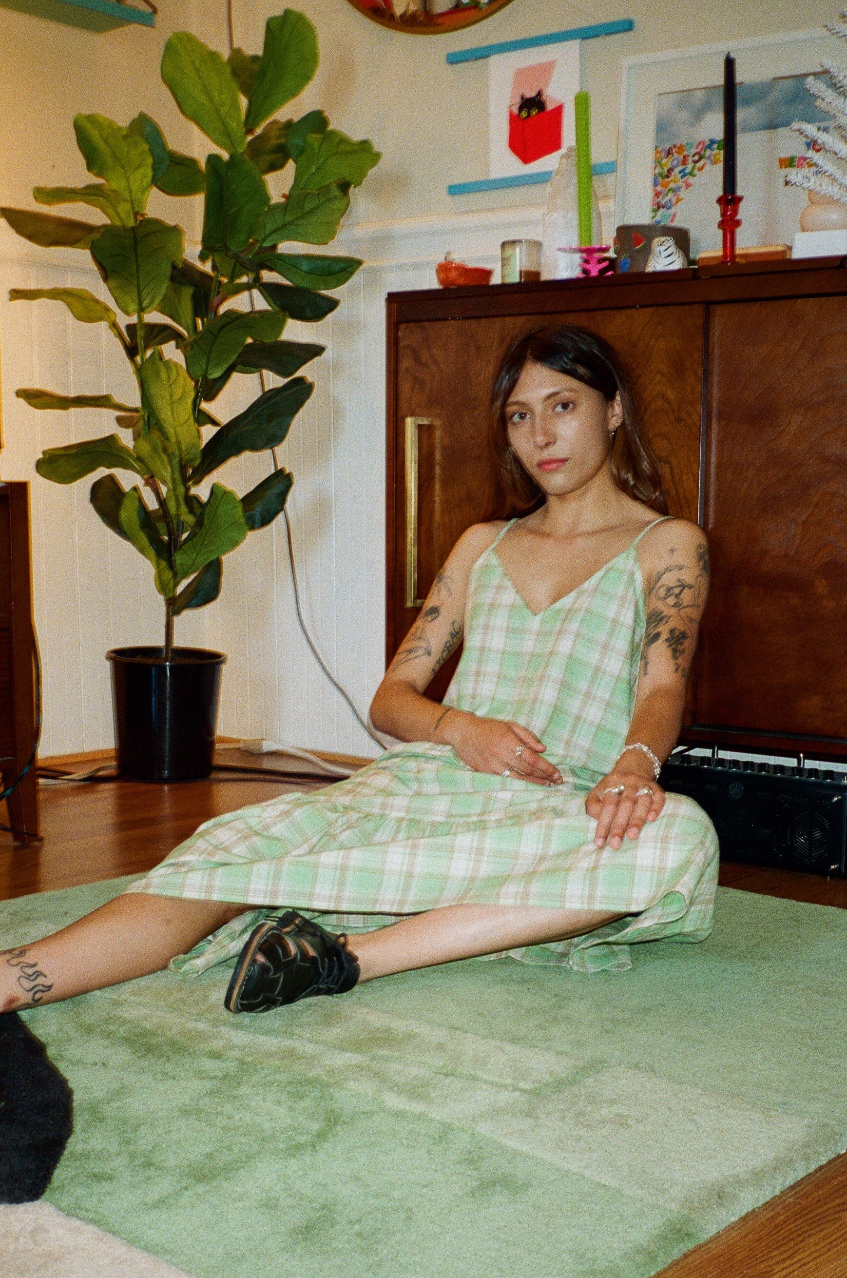 SAMPLE - SLIP DRESS W/ RUFFLE - LIME PLAID