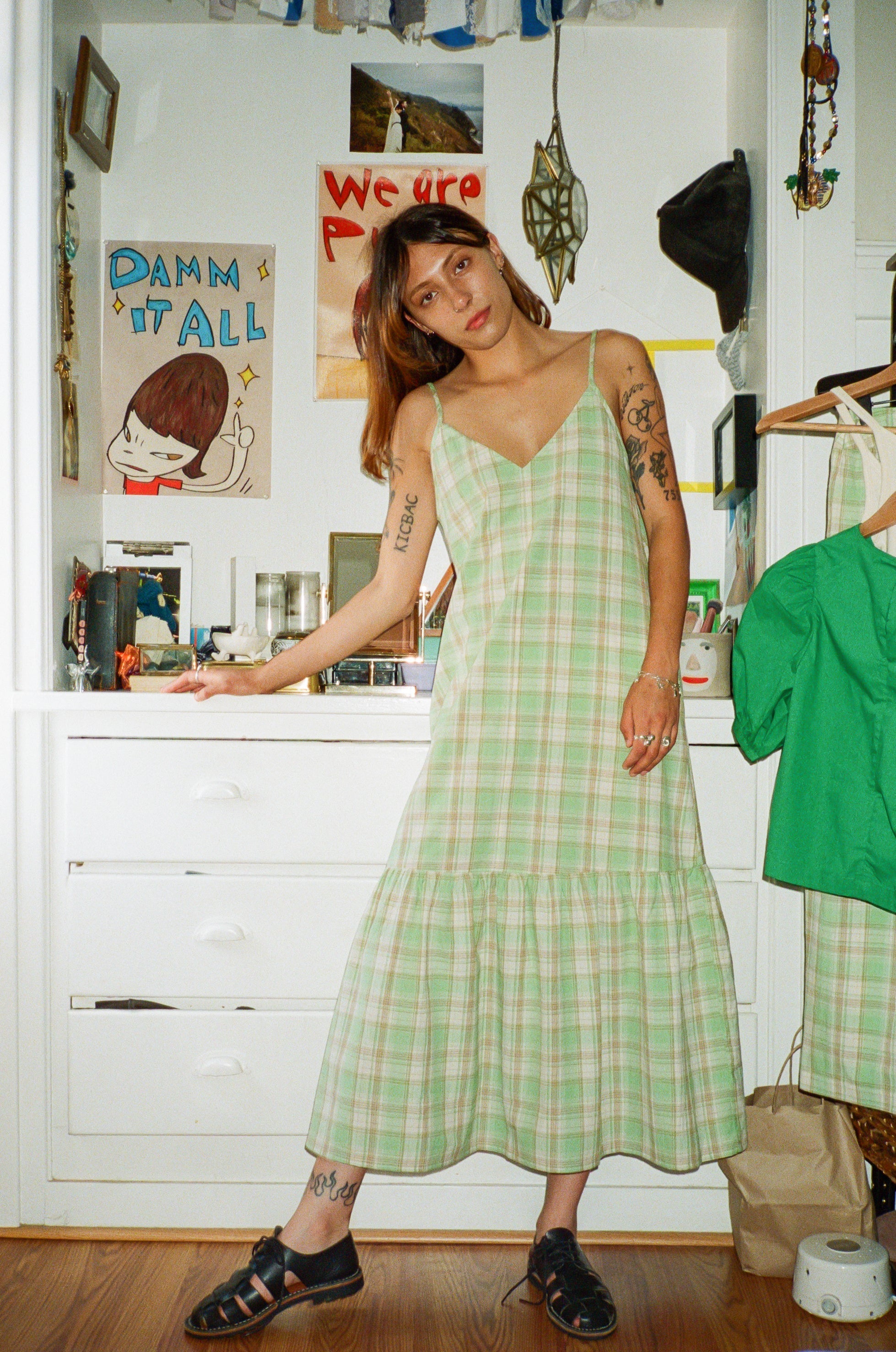 SAMPLE - SLIP DRESS W/ RUFFLE - LIME PLAID