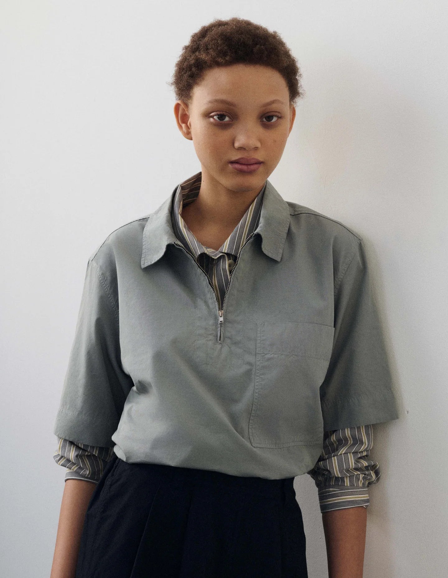 COTTON HALF ZIP SHIRT - FOG