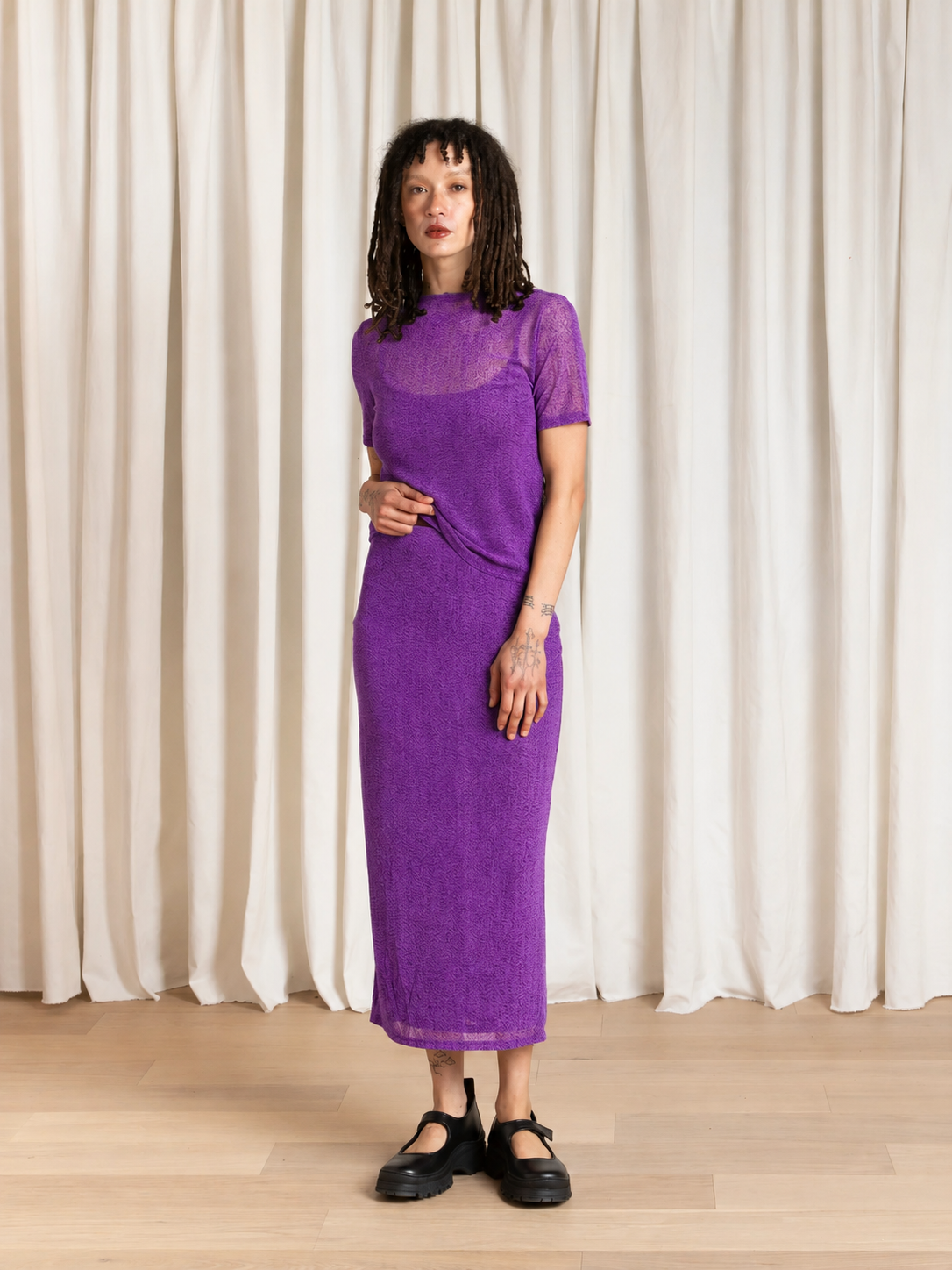 MESH PENCIL SKIRT - PURPLE