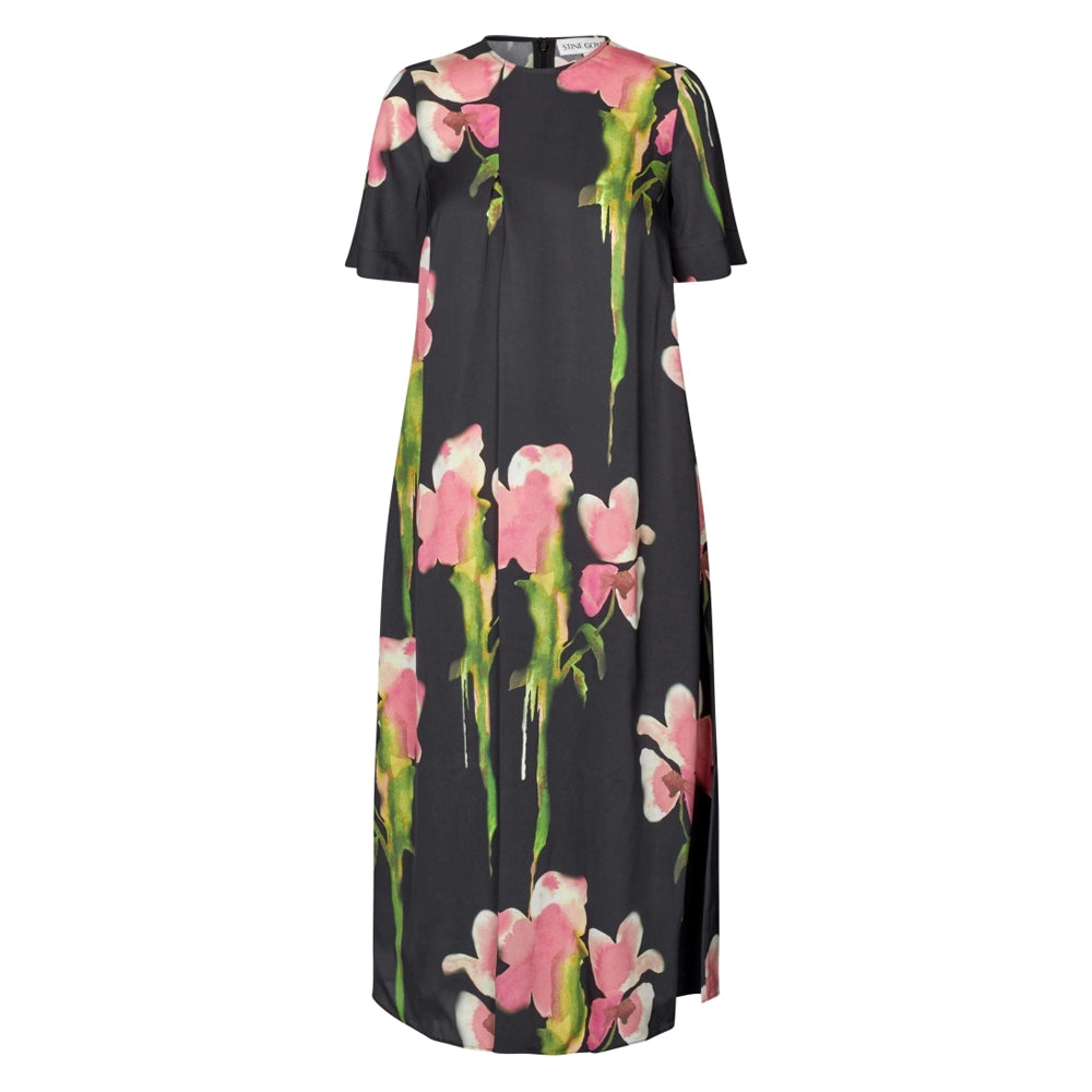 FLOWY SHORT SLEEVE MIDI DRESS - MELTING FLOWERS FLOWY SHORT SLEEVE MIDI DRESS - MELTING FLOWERS