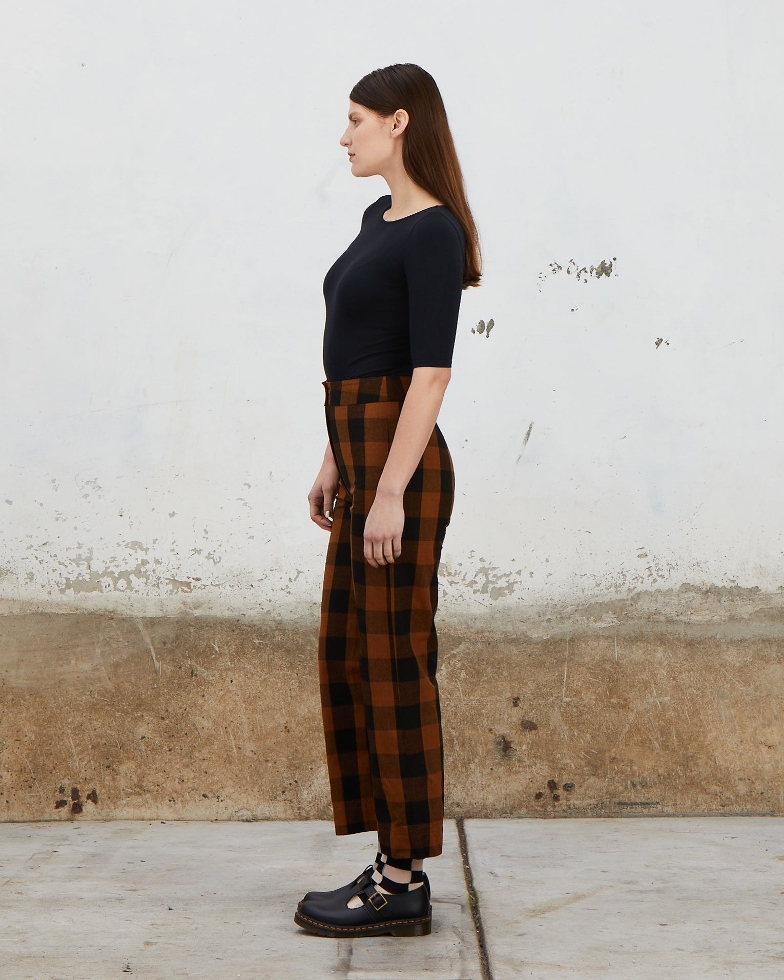 SILK FLY FRONT PANT W/ POCKETS - COPPER/BLACK PLAID