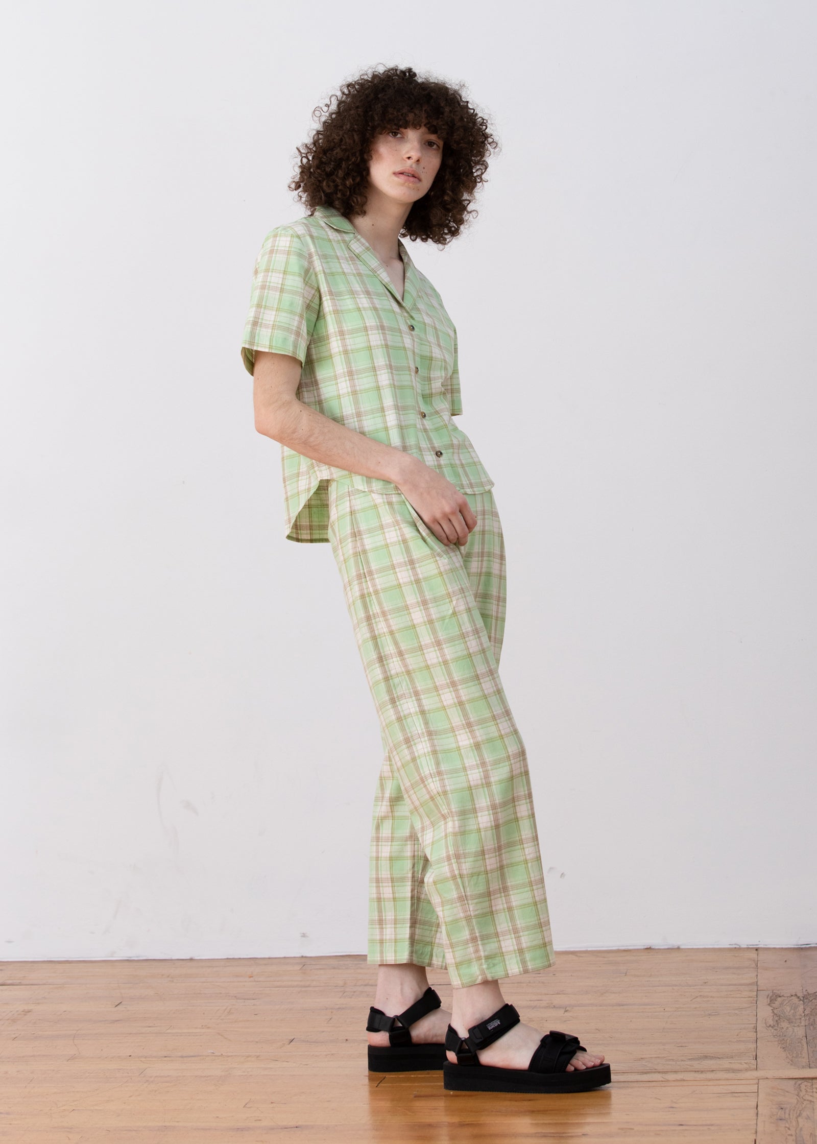 PLEATED PANT - LIME PLAID