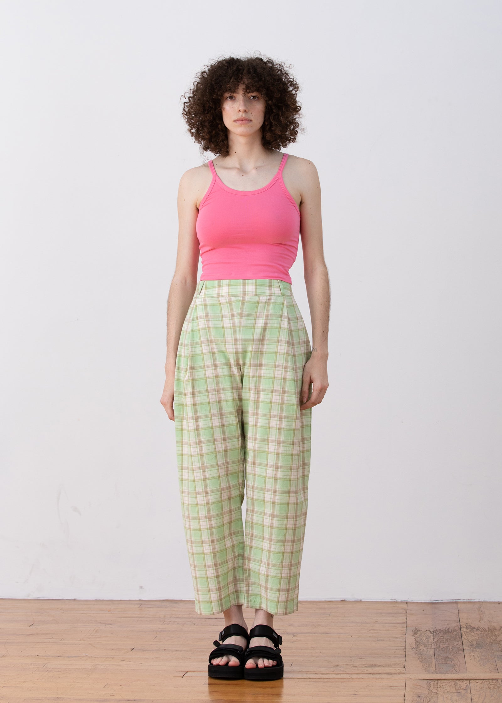 PLEATED PANT - LIME PLAID