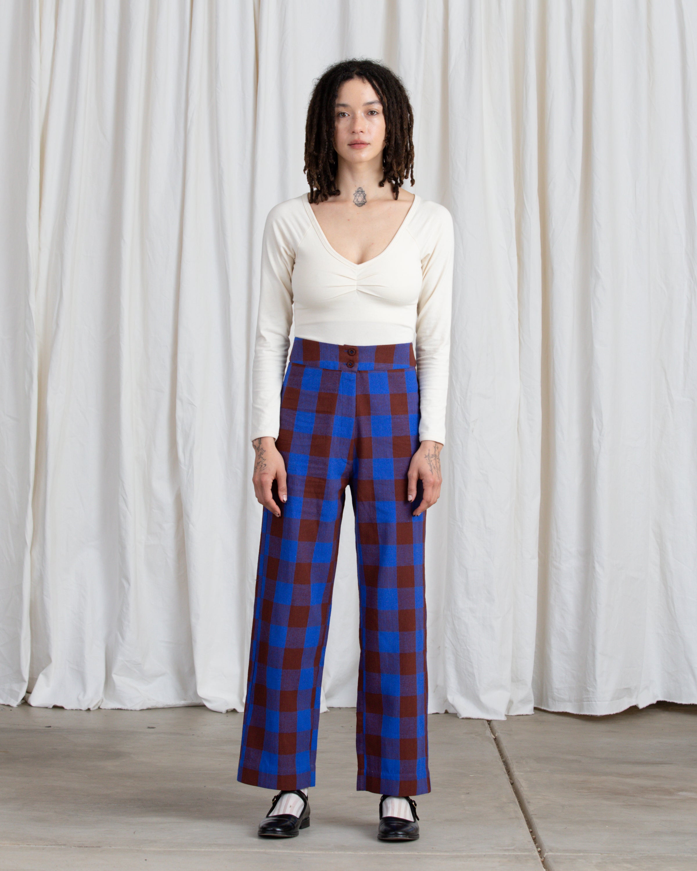 SAMPLE - SILK FLY FRONT PANT W/ POCKETS - RUST/COBALT PLAID