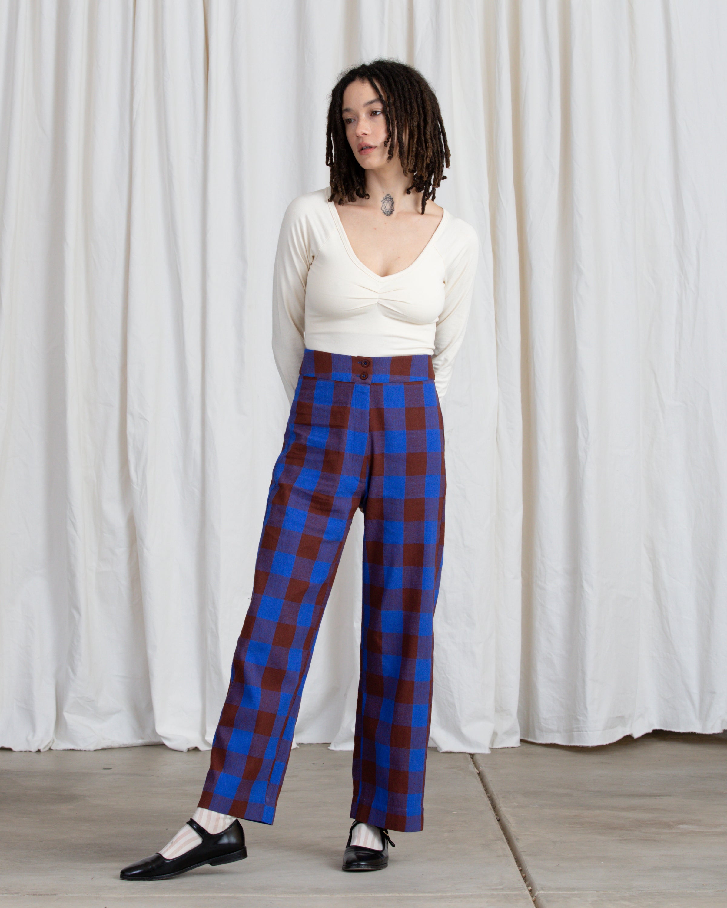 SAMPLE - SILK FLY FRONT PANT W/ POCKETS - RUST/COBALT PLAID
