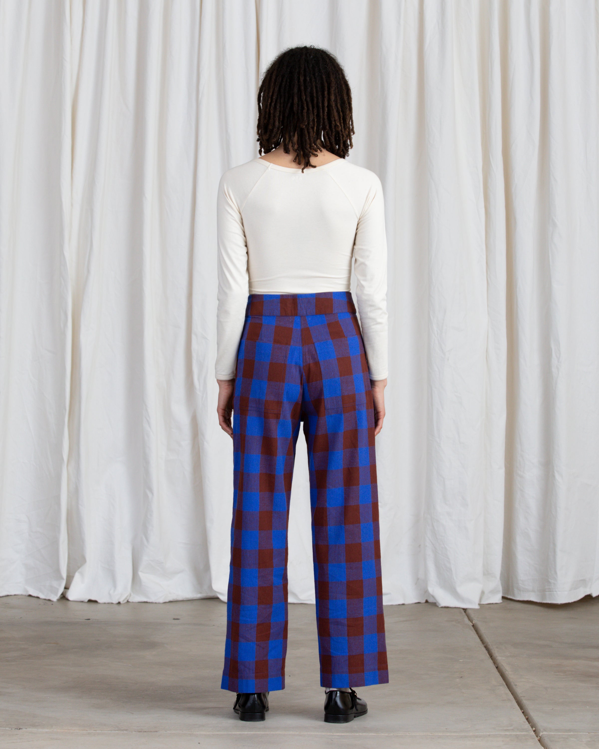 SAMPLE - SILK FLY FRONT PANT W/ POCKETS - RUST/COBALT PLAID