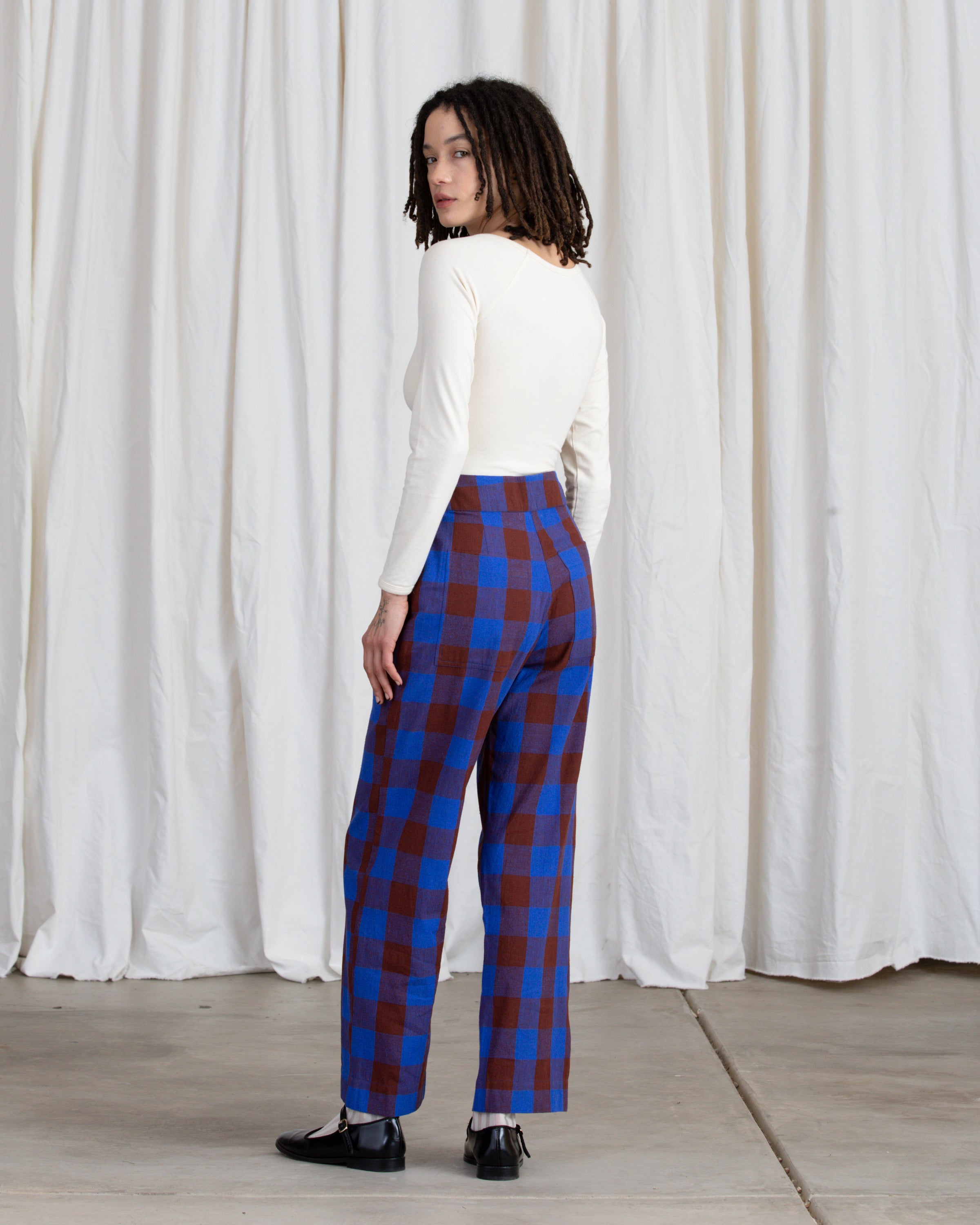 SAMPLE - SILK FLY FRONT PANT W/ POCKETS - RUST/COBALT PLAID