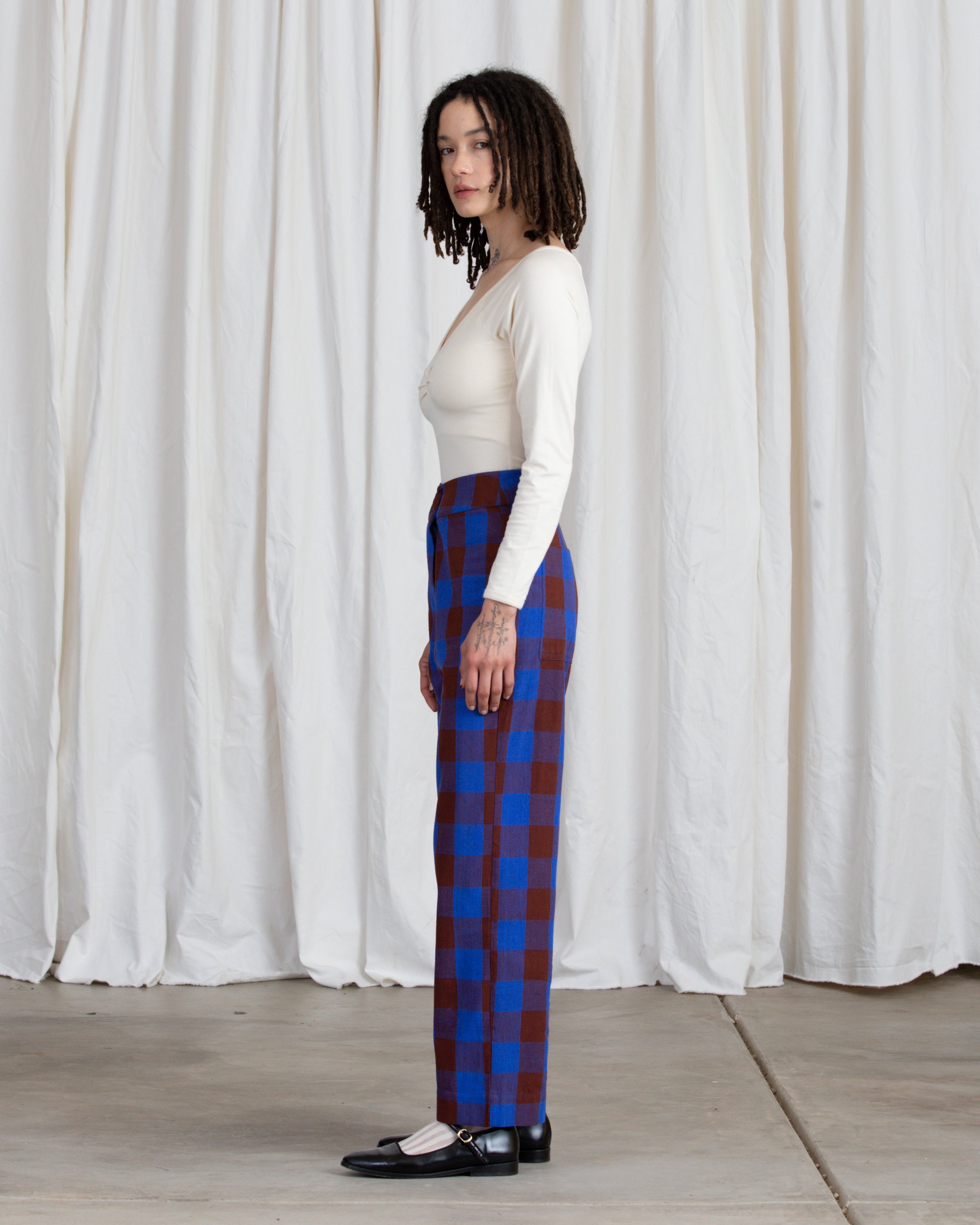 SAMPLE - SILK FLY FRONT PANT W/ POCKETS - RUST/COBALT PLAID
