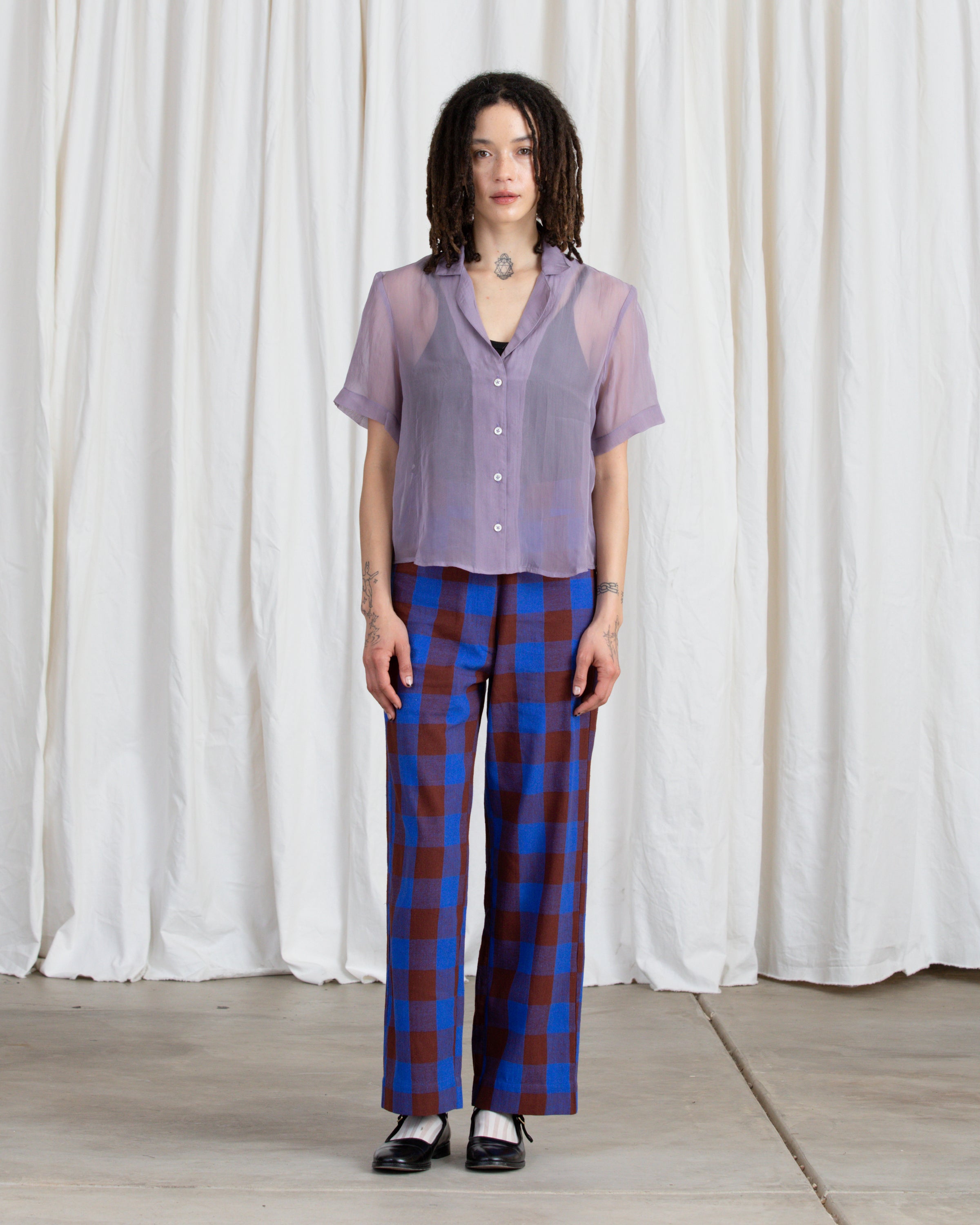 SAMPLE - SILK FLY FRONT PANT W/ POCKETS - RUST/COBALT PLAID