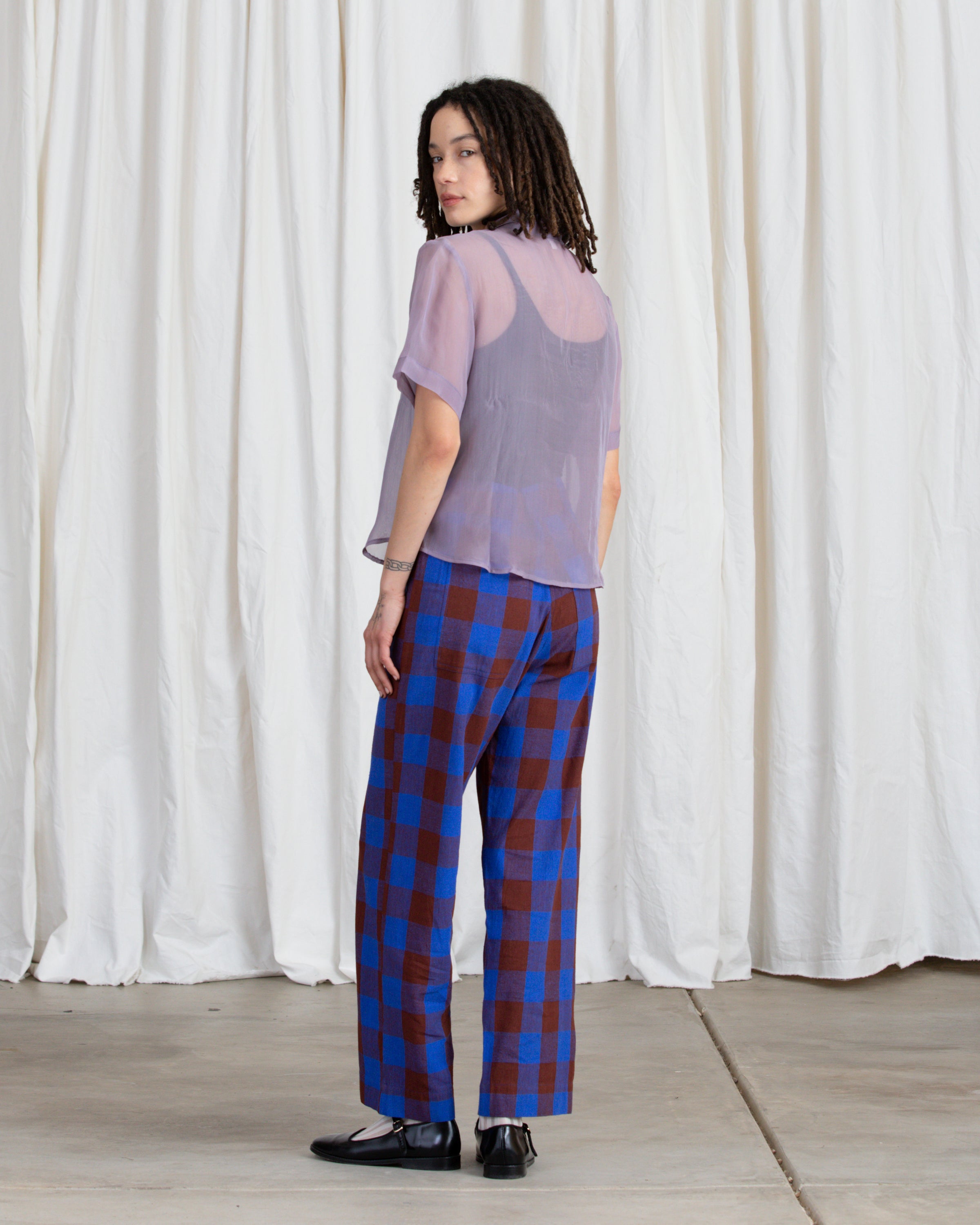 SAMPLE - SILK FLY FRONT PANT W/ POCKETS - RUST/COBALT PLAID