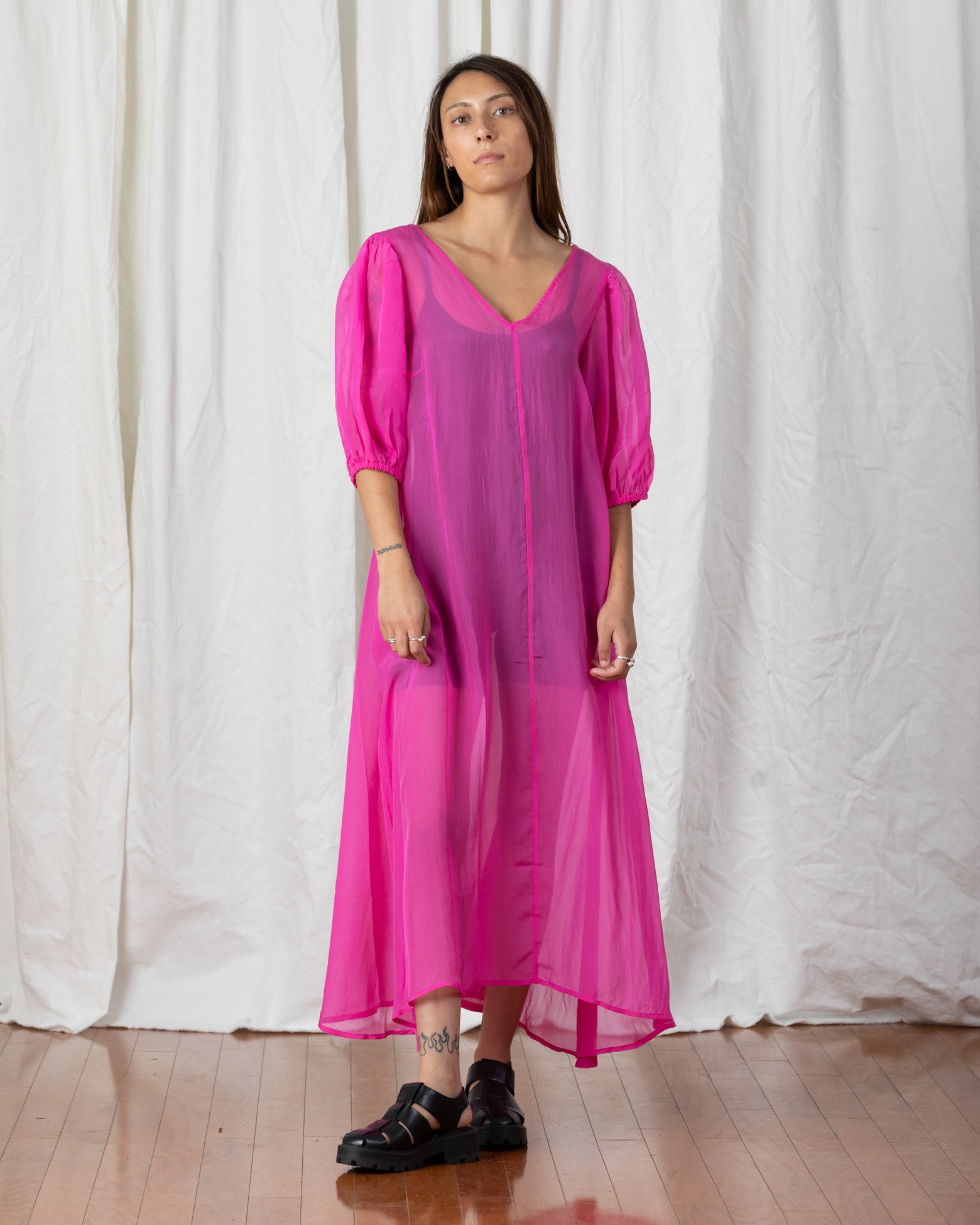 SAMPLE - SHEER DOUBLE V-NECK MAXI DRESS - NEON PINK