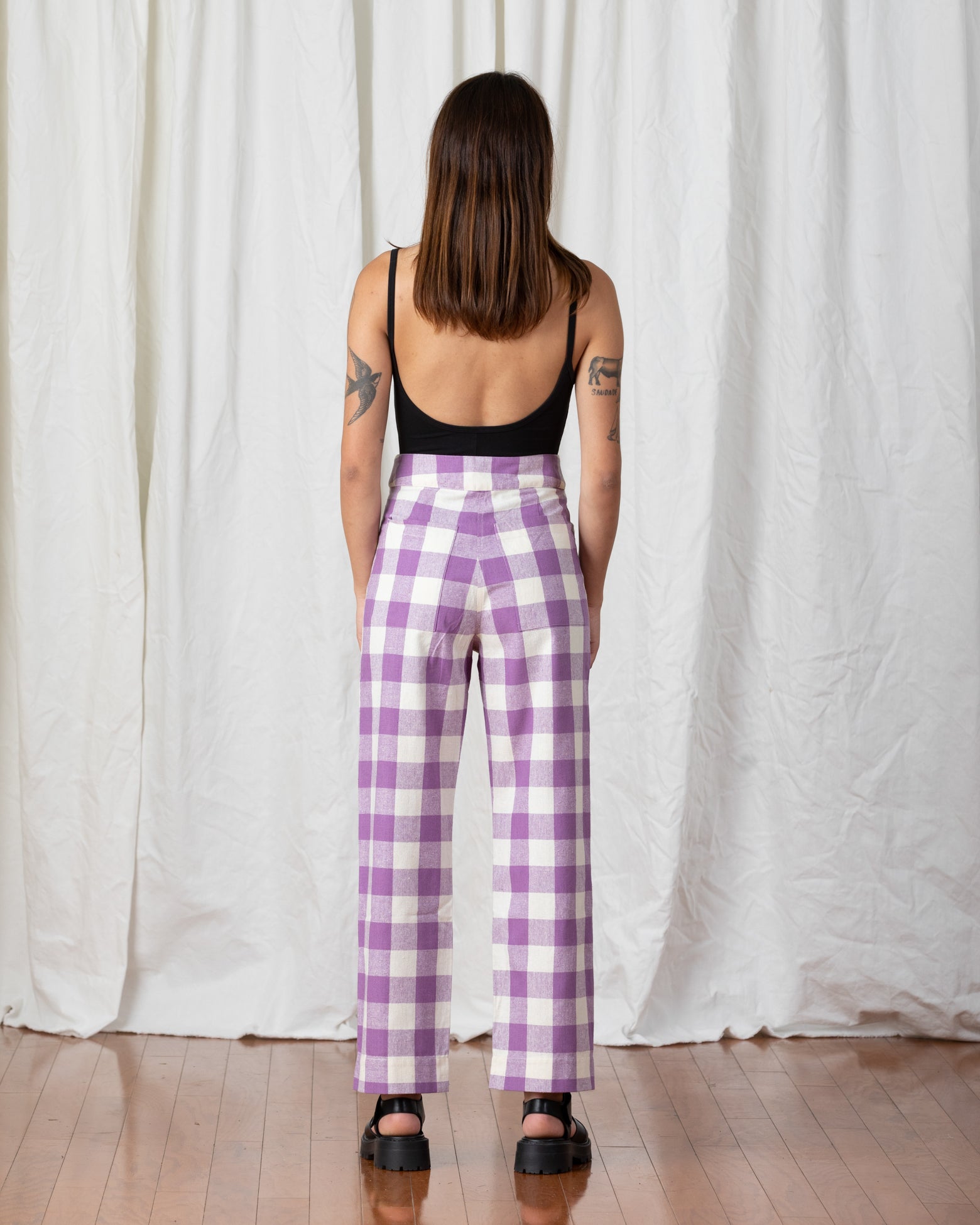 SAMPLE - SILK FLY FRONT PANT W/ POCKETS - LILAC/BONE PLAID