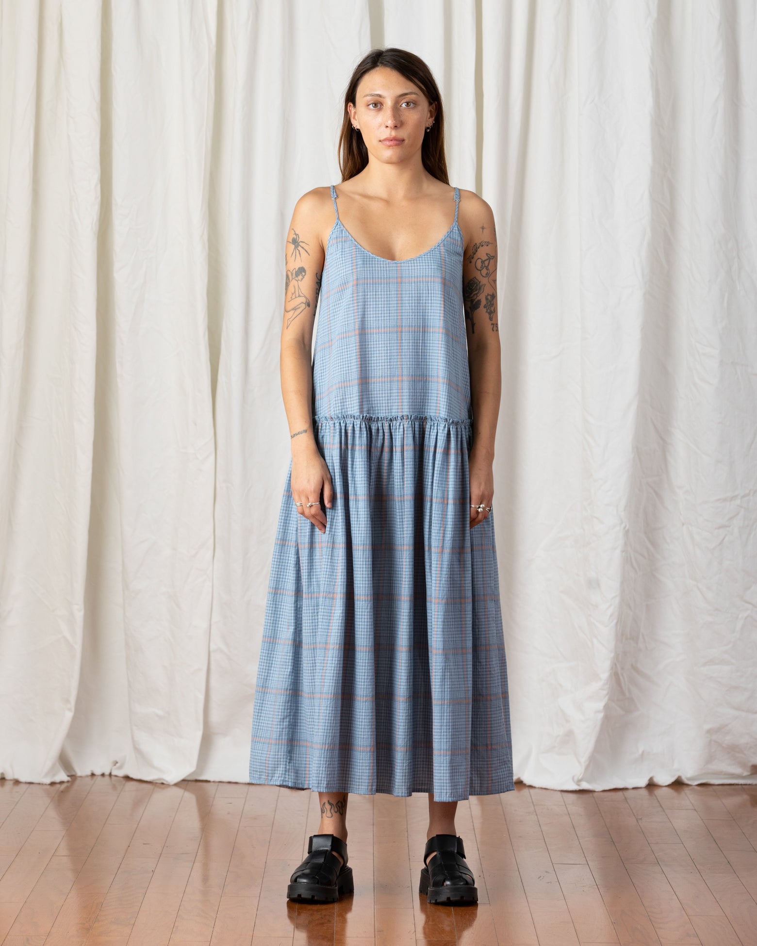 SAMPLE - DROP WAIST RUFFLE DRESS - BLUE PLAID