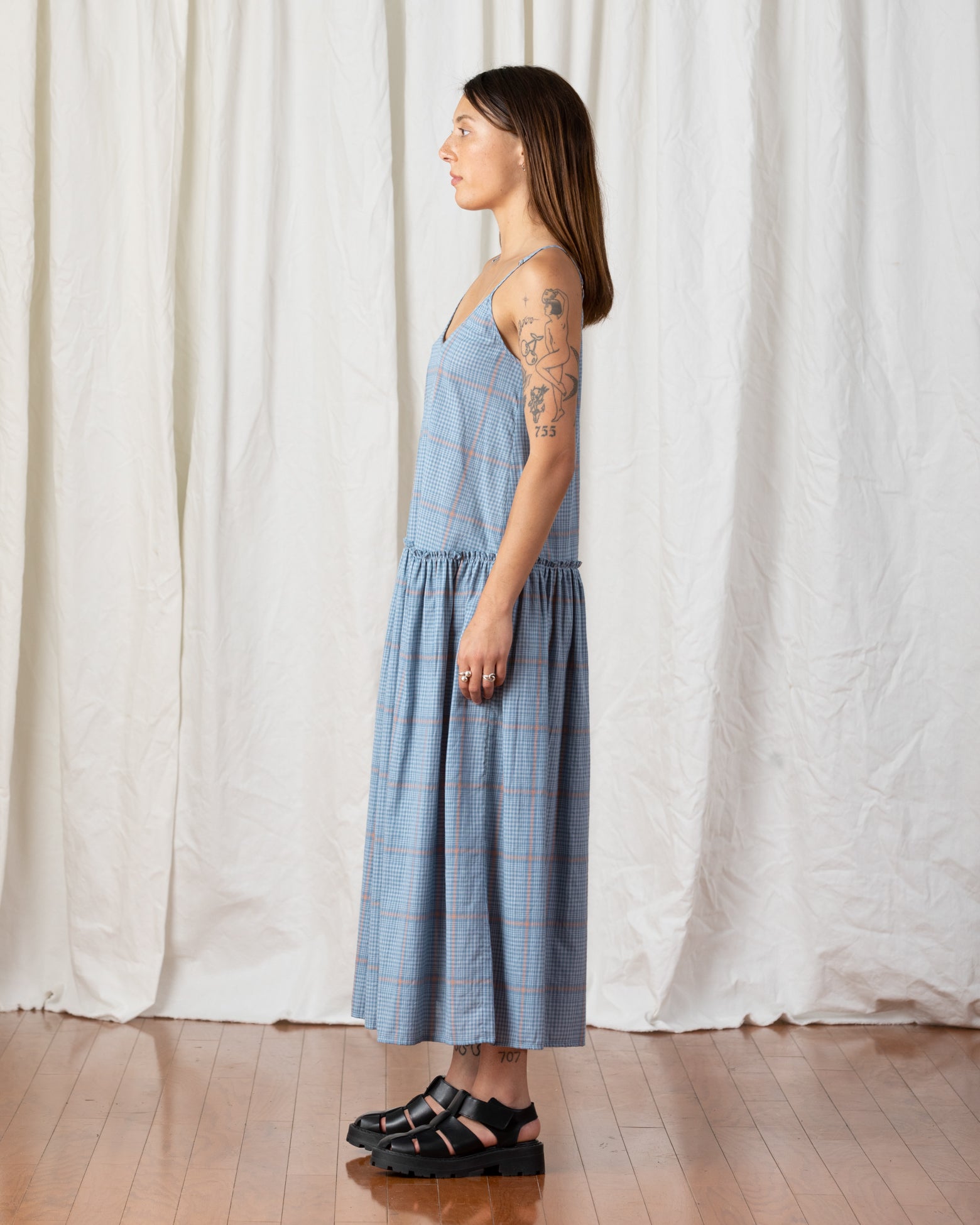 SAMPLE - DROP WAIST RUFFLE DRESS - BLUE PLAID