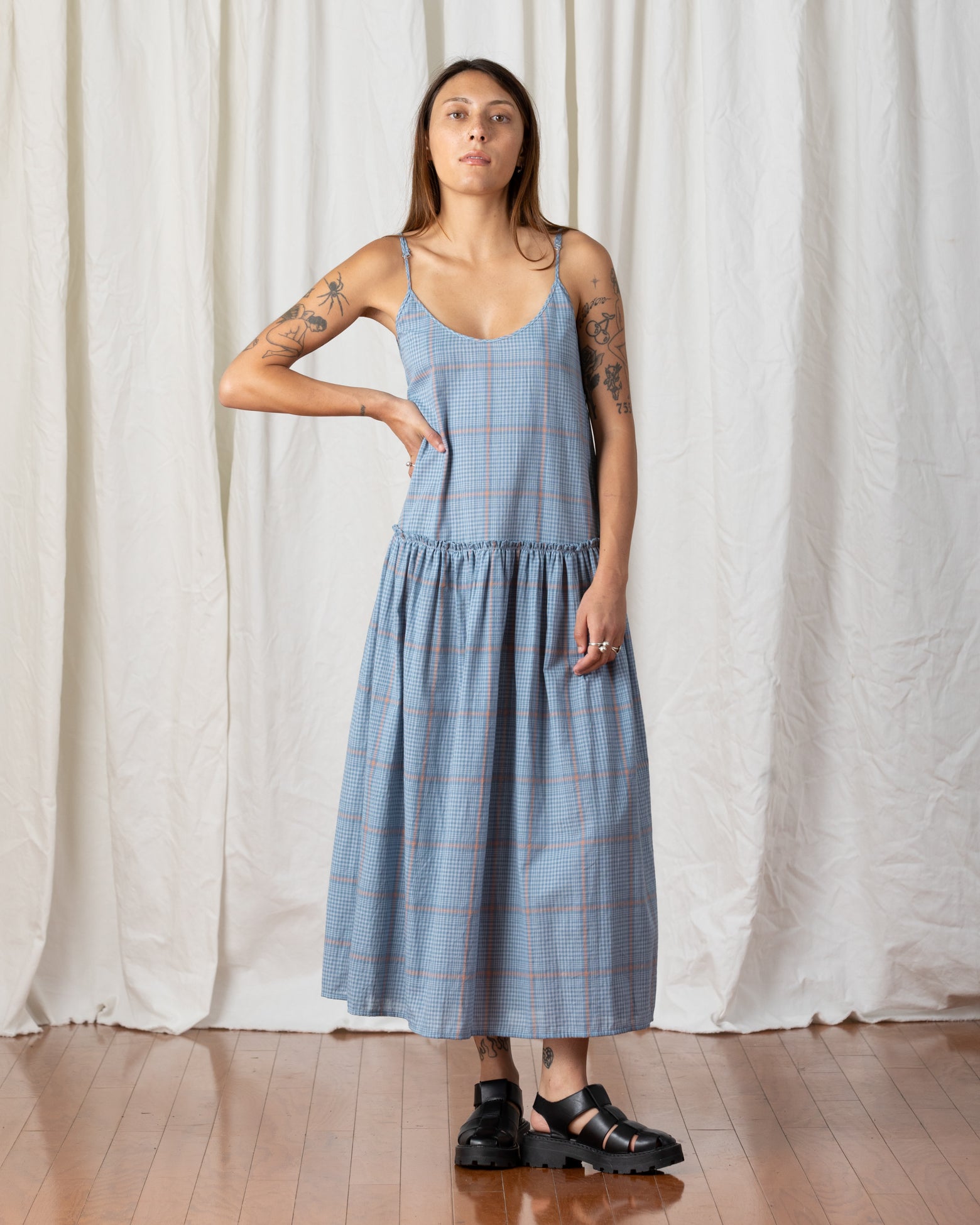 SAMPLE - DROP WAIST RUFFLE DRESS - BLUE PLAID