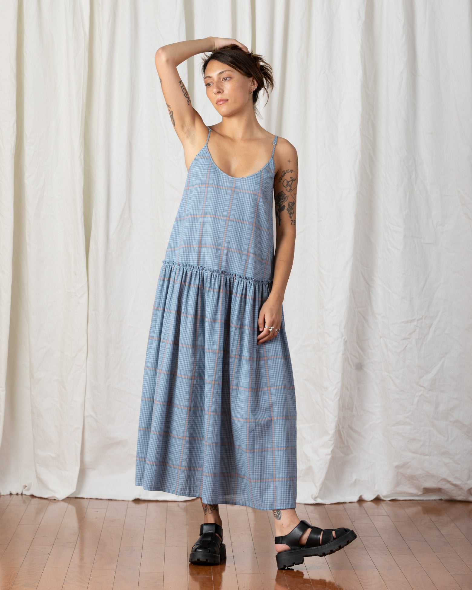 SAMPLE - DROP WAIST RUFFLE DRESS - BLUE PLAID