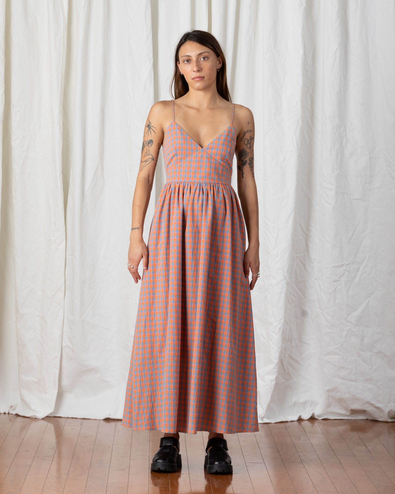 SAMPLE - TIE BACK MAXI DRESS - CORAL PLAID