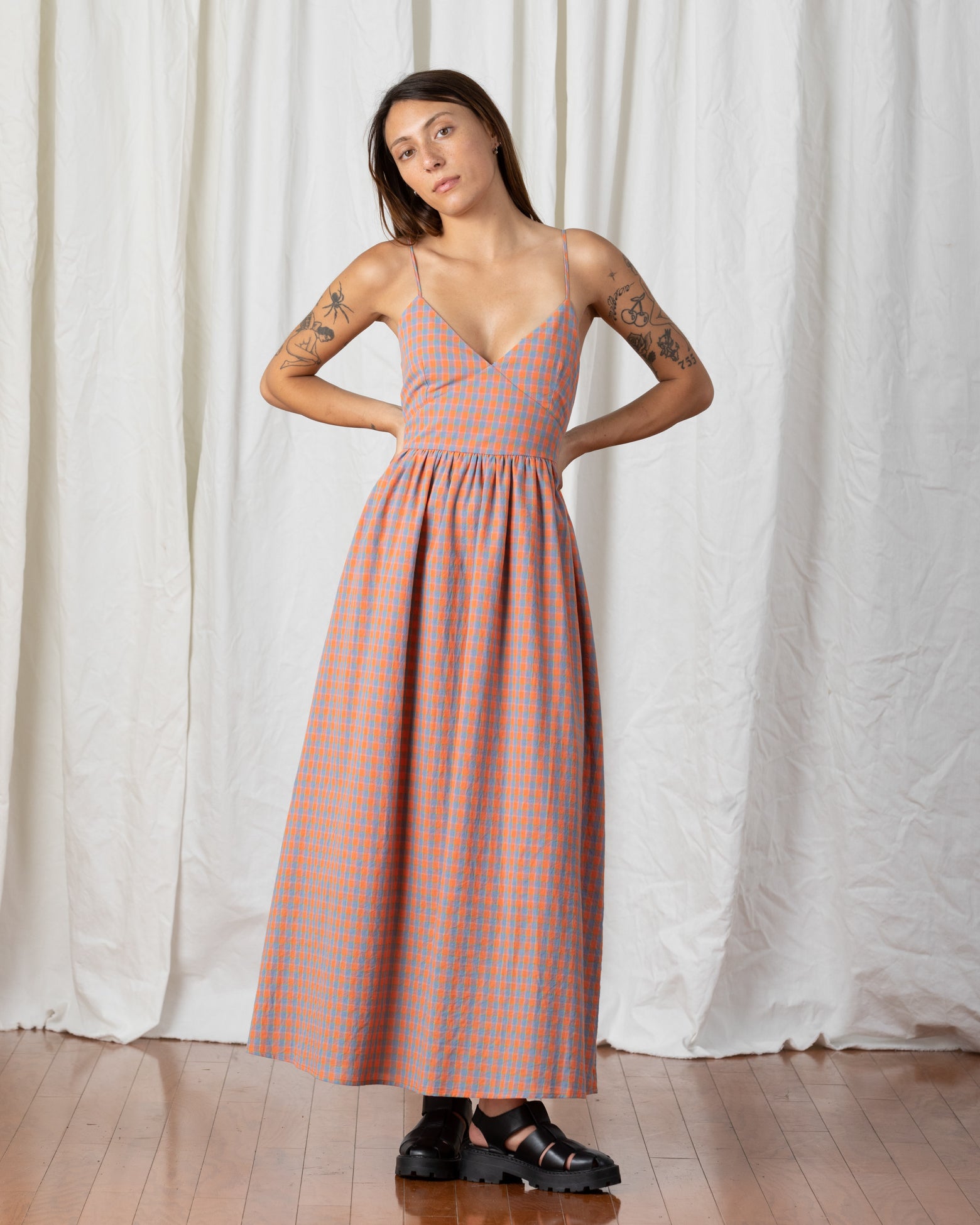 SAMPLE - TIE BACK MAXI DRESS - CORAL PLAID