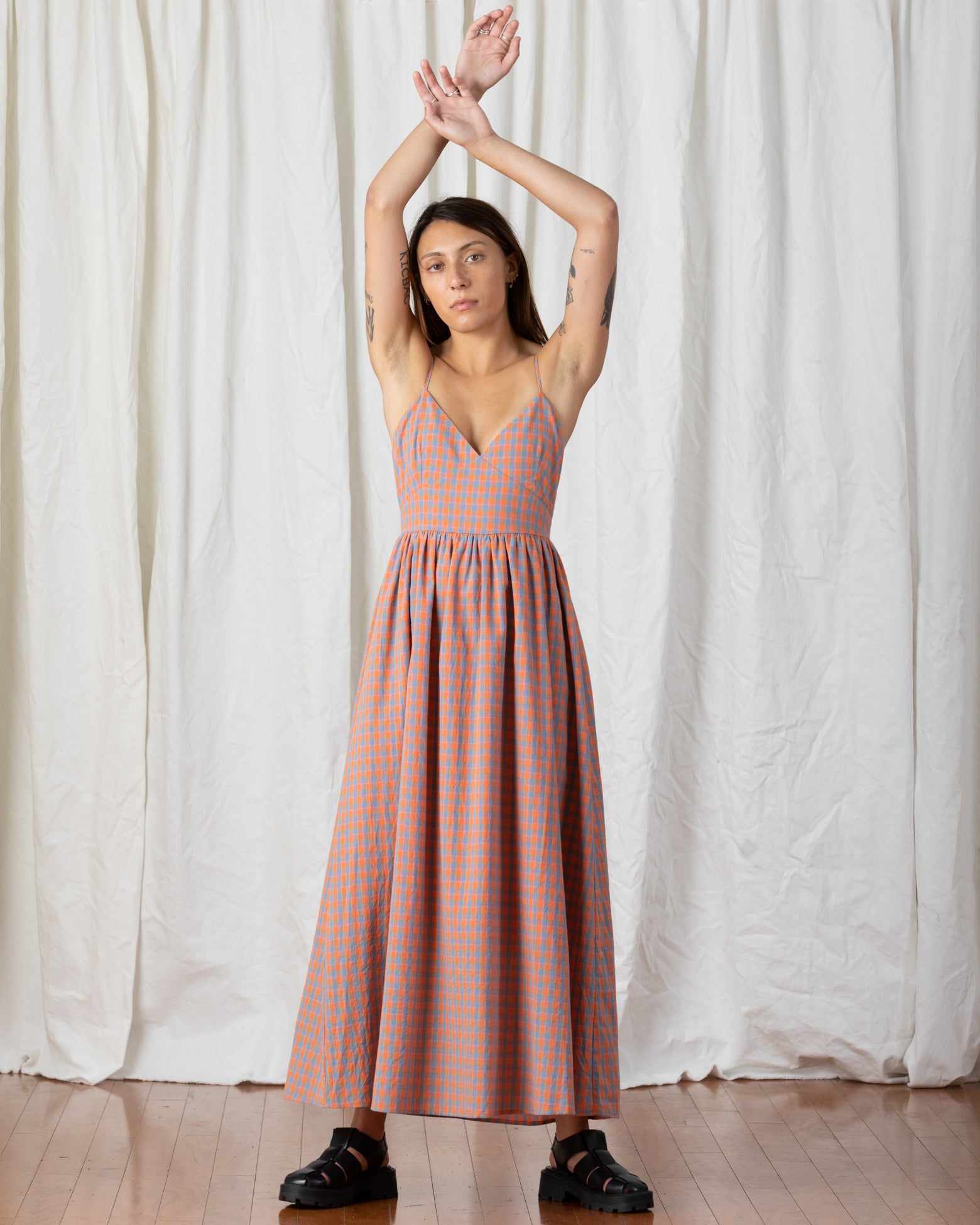 SAMPLE - TIE BACK MAXI DRESS - CORAL PLAID