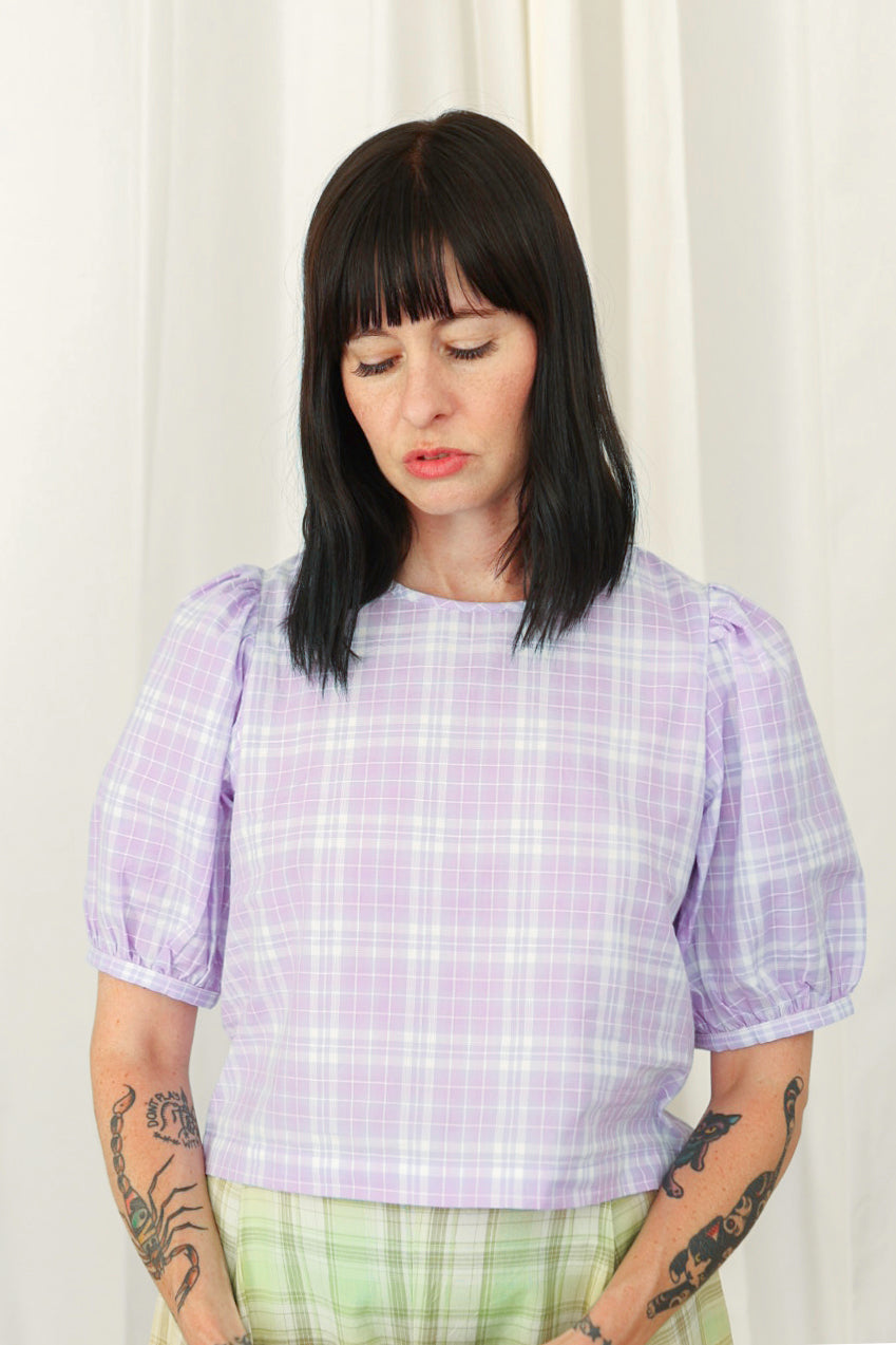 PUFF SLEEVE TOP - LILAC PLAID