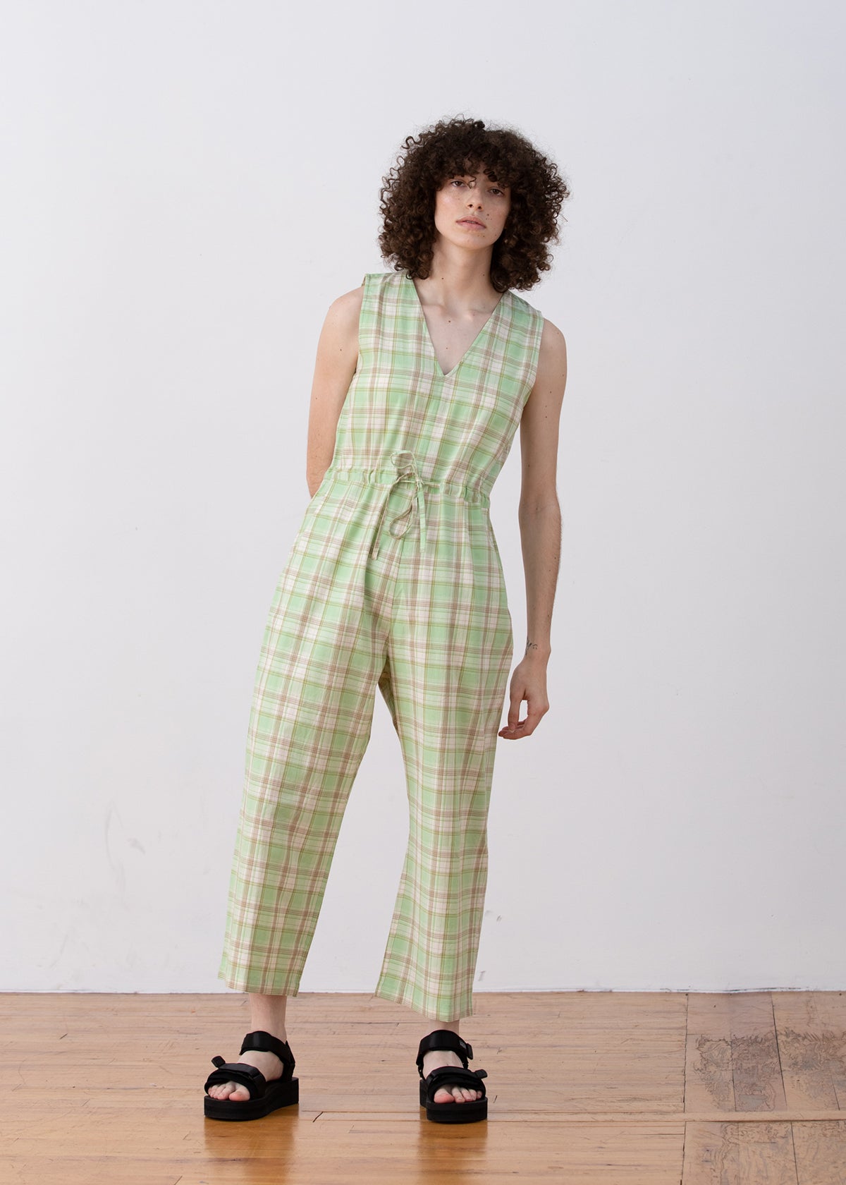 COTTON SLIT-BACK JUMPER - LIME PLAID