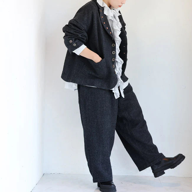 WOOL HERRINGBONE PANTS - BLACK